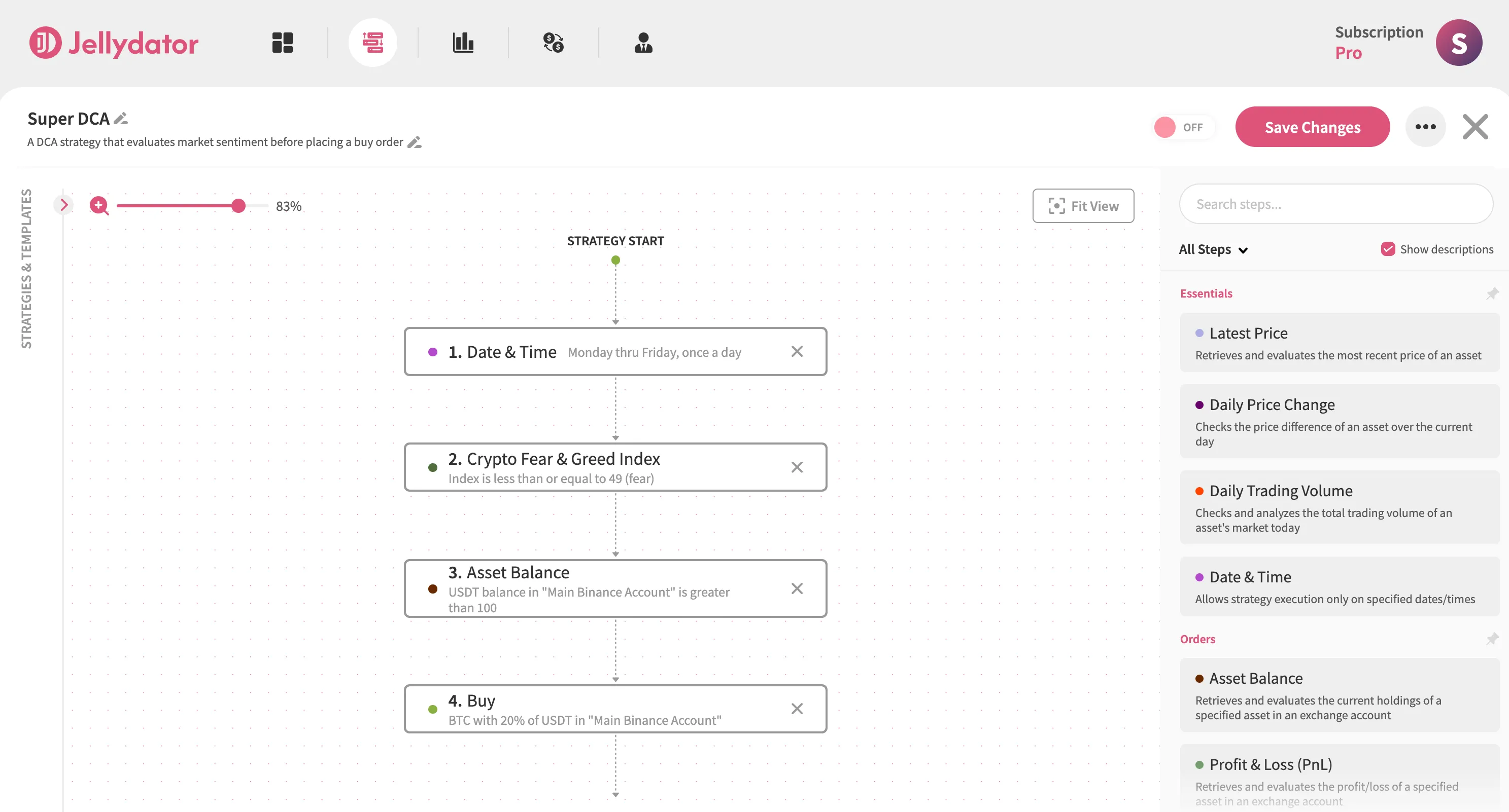 An image of the Jellydator editor showing a simple DCA strategy with a market sentiment check.