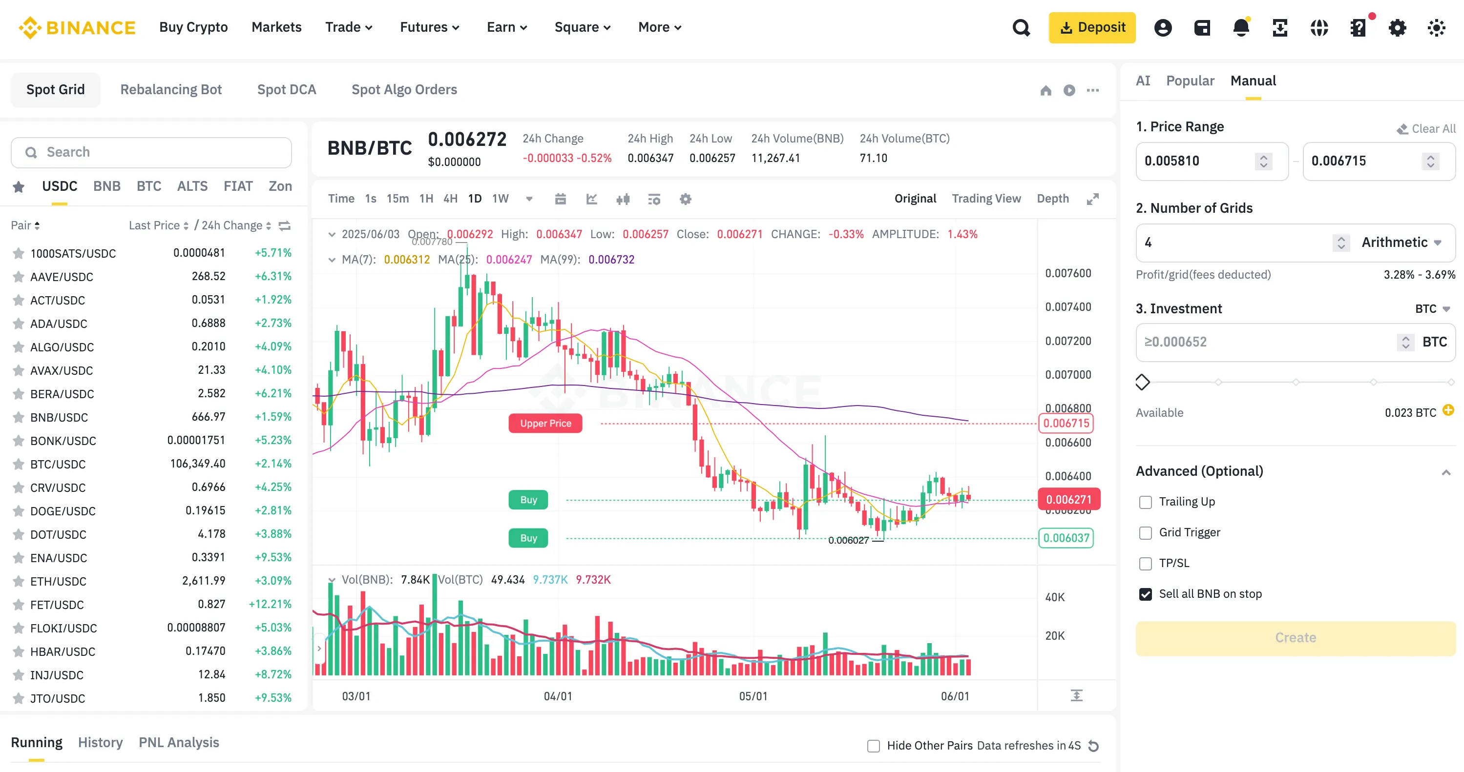 Binance's website with exchange-provided bot interface.