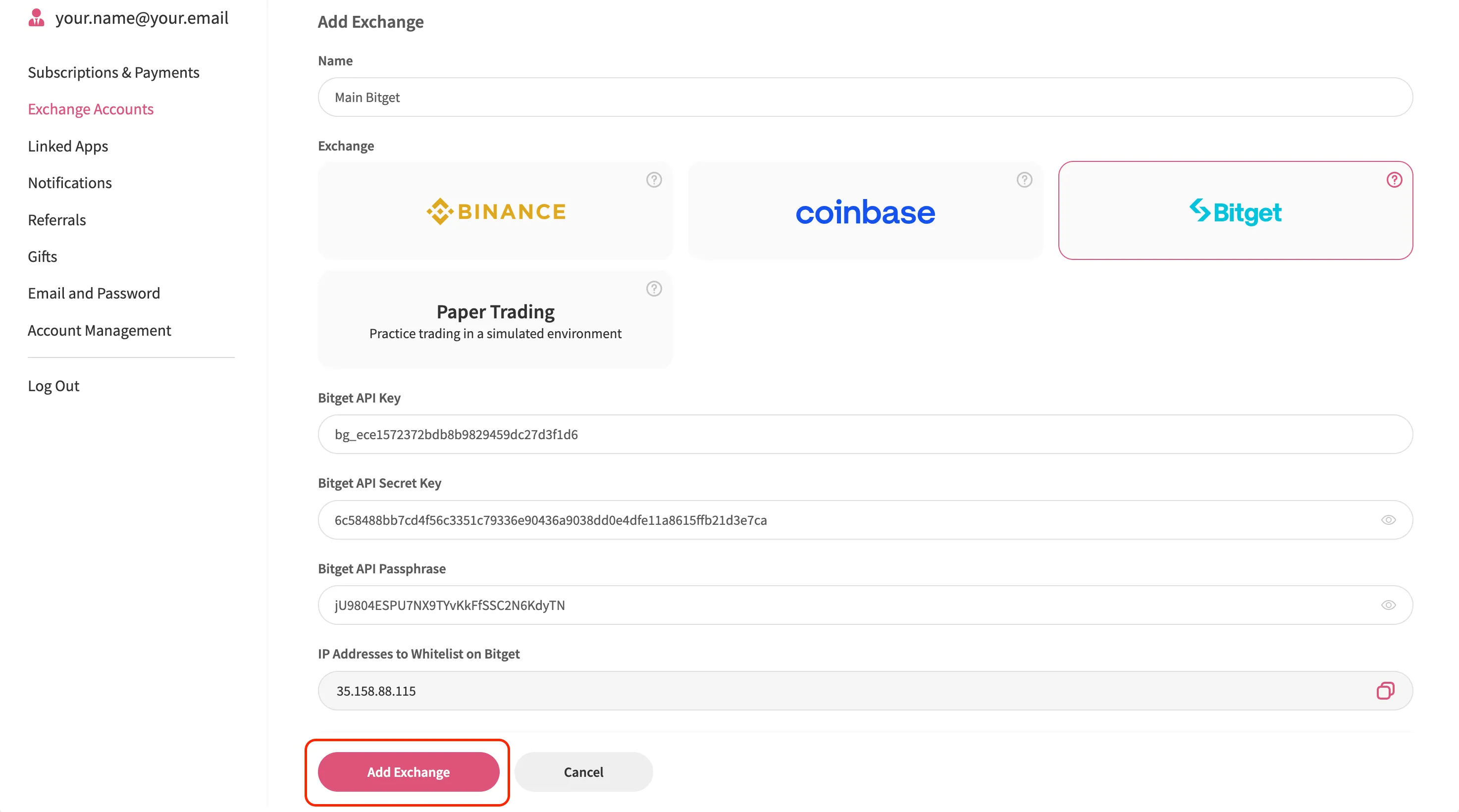 An image of the Jellydator platform with the 'add exchange' button highlighted.