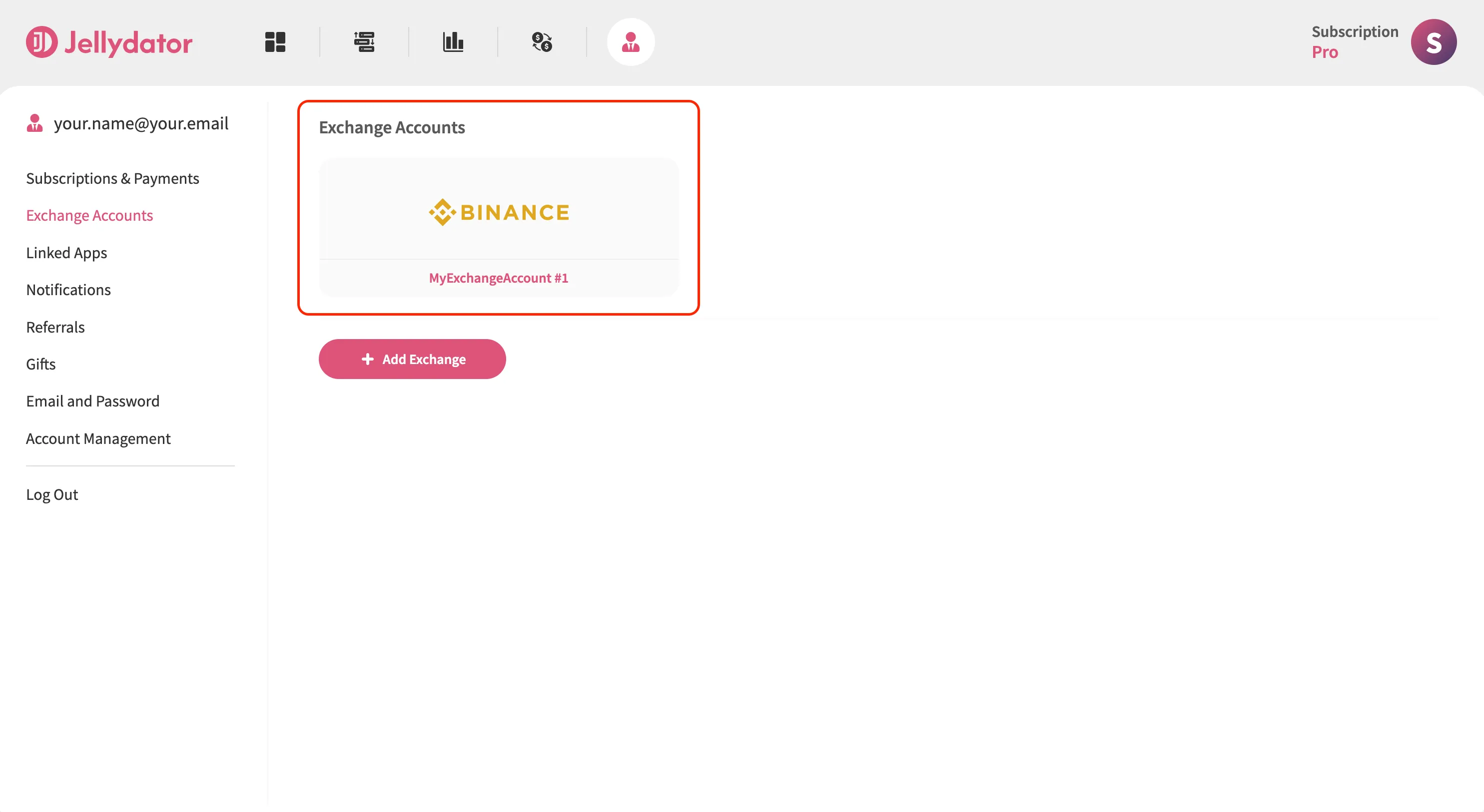 An image of the Jellydator exchange account page with one active exchange account.