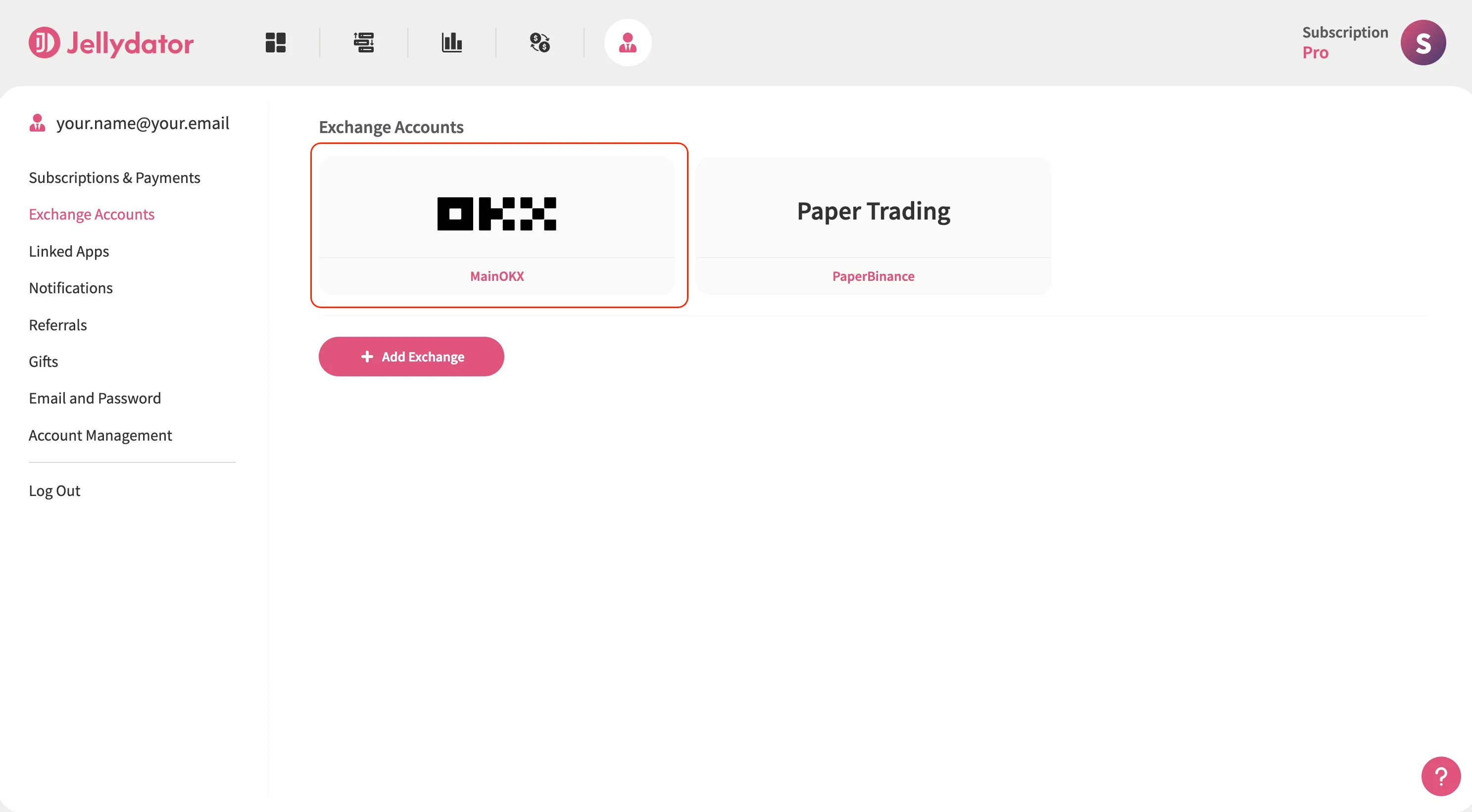 The Jellydator platform with the new exchange account highlighted.