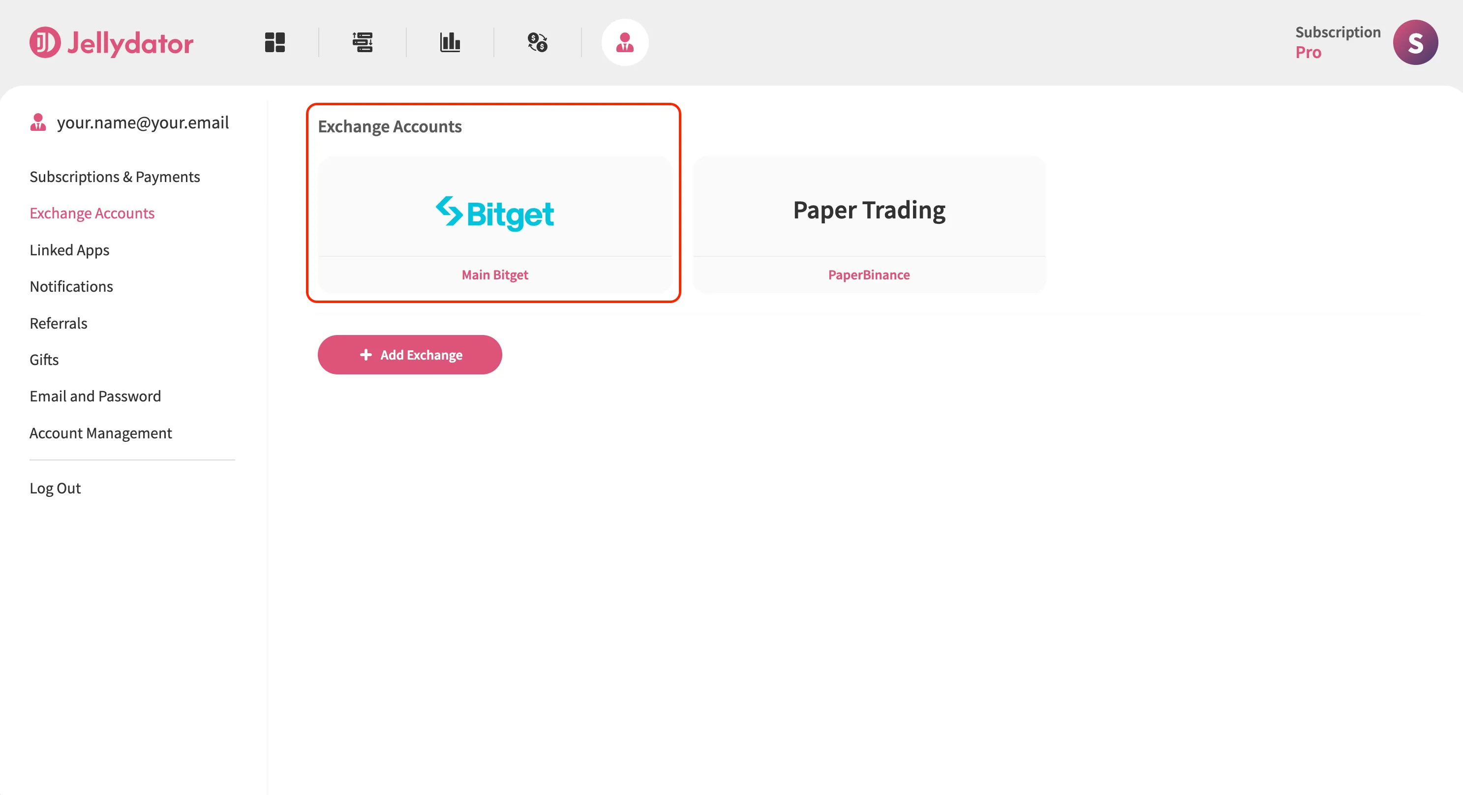 An image of the Jellydator platform with the new exchange account connection highlighted.