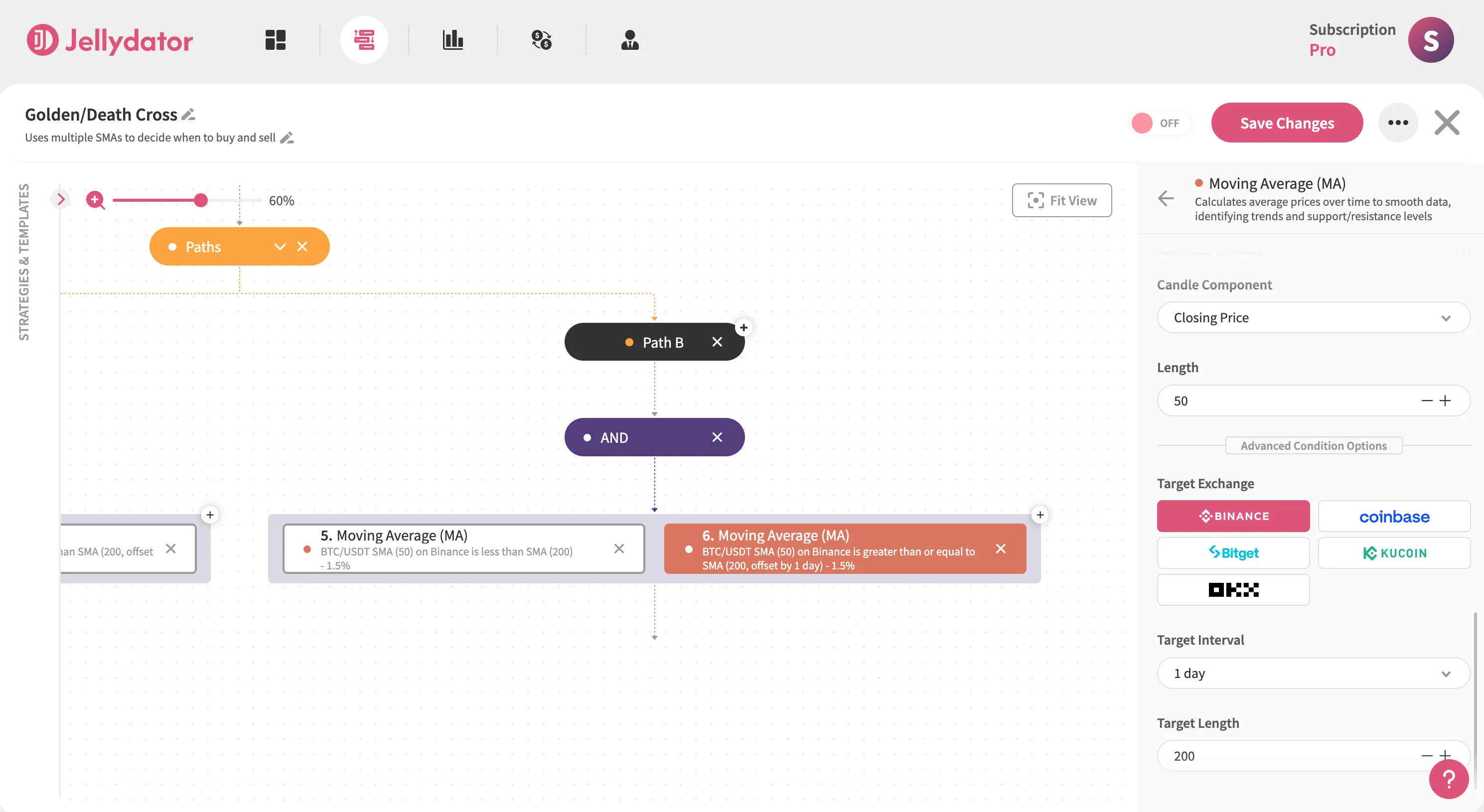 The Jellydator platform with the advanced option section of the second moving average step in Path B.