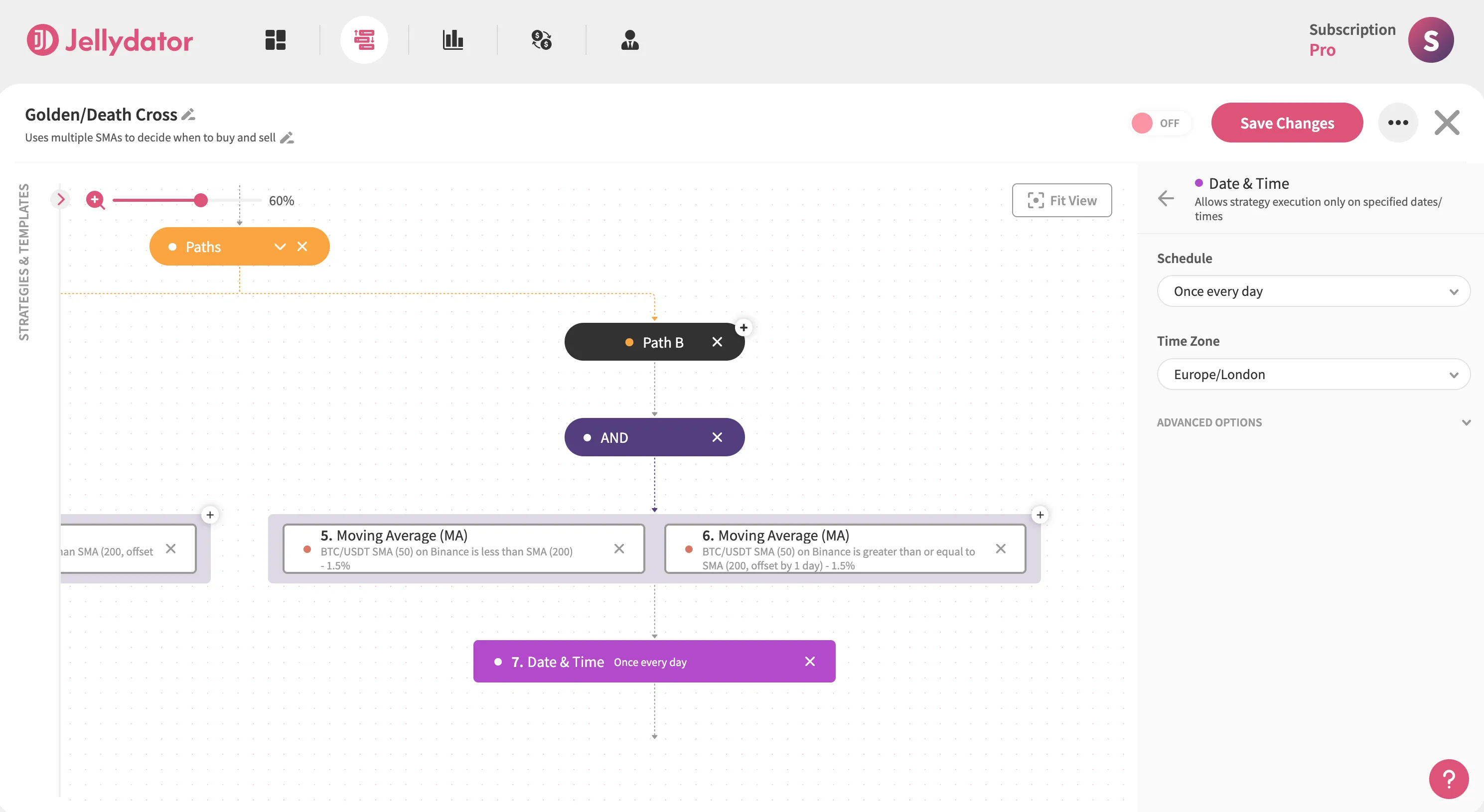 The Jellydator platform with a 'date & time' step in Path B.