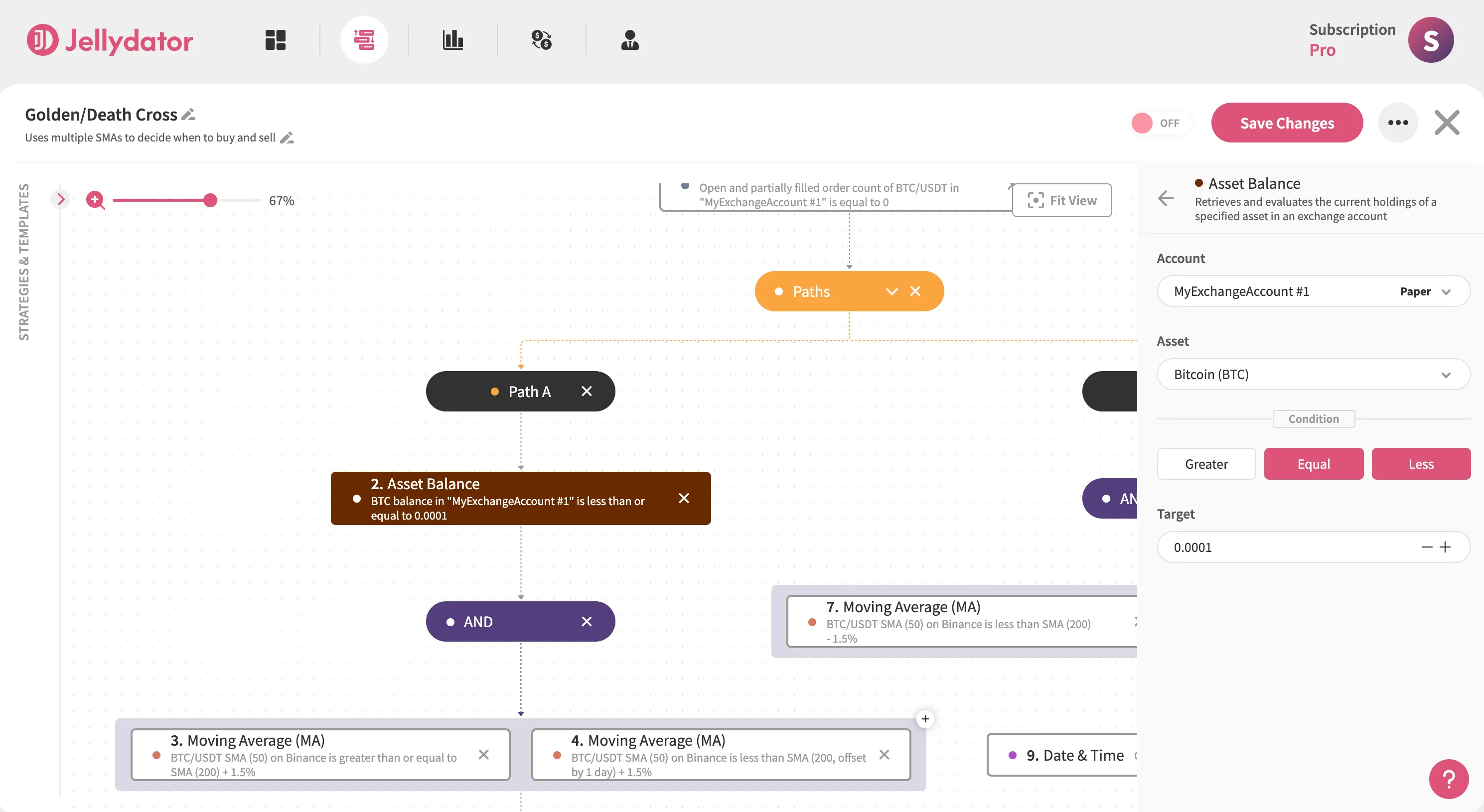 The Jellydator platform with an asset balance step in Path A.