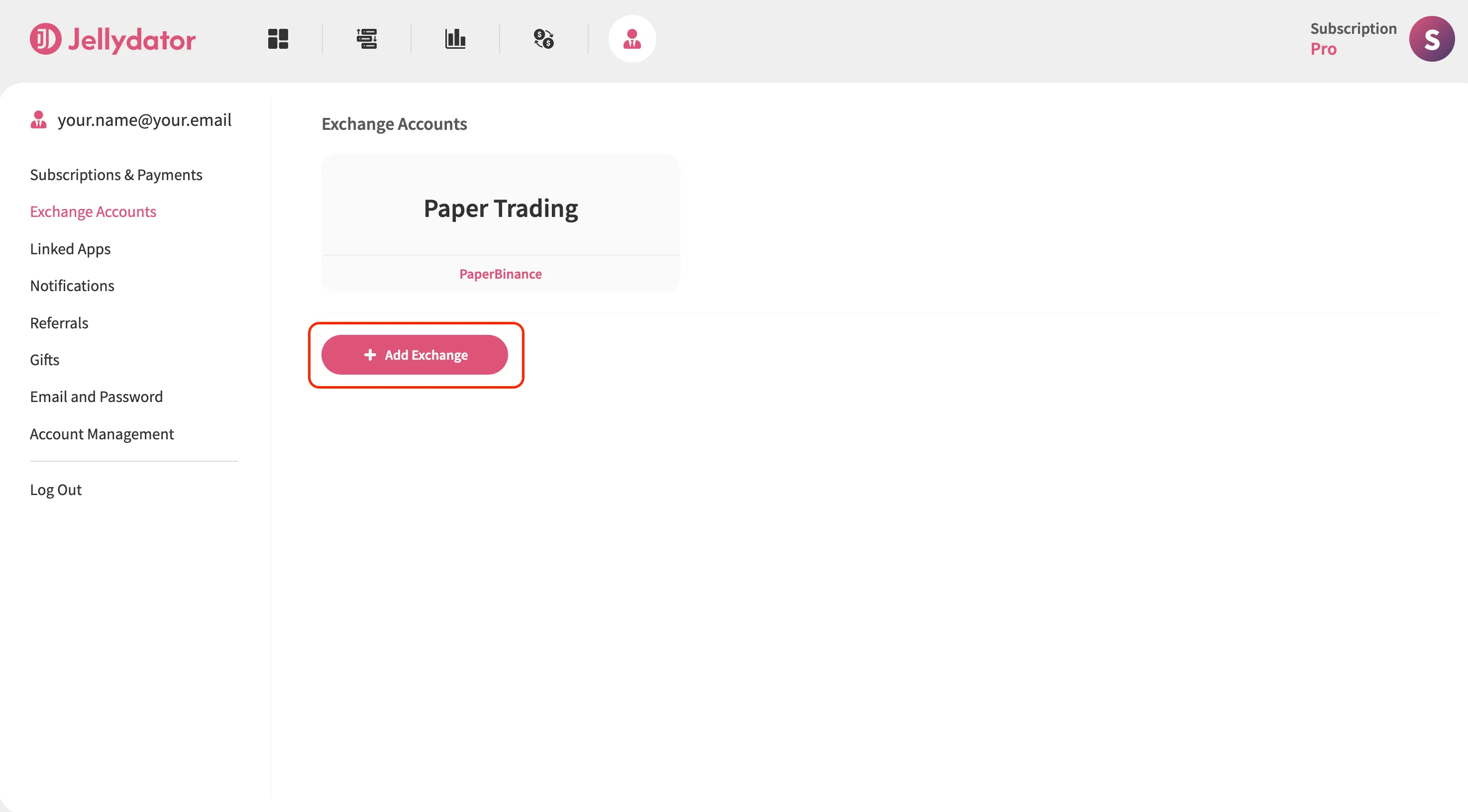 The Jellydator platform with the 'add exchange' button highlighted.