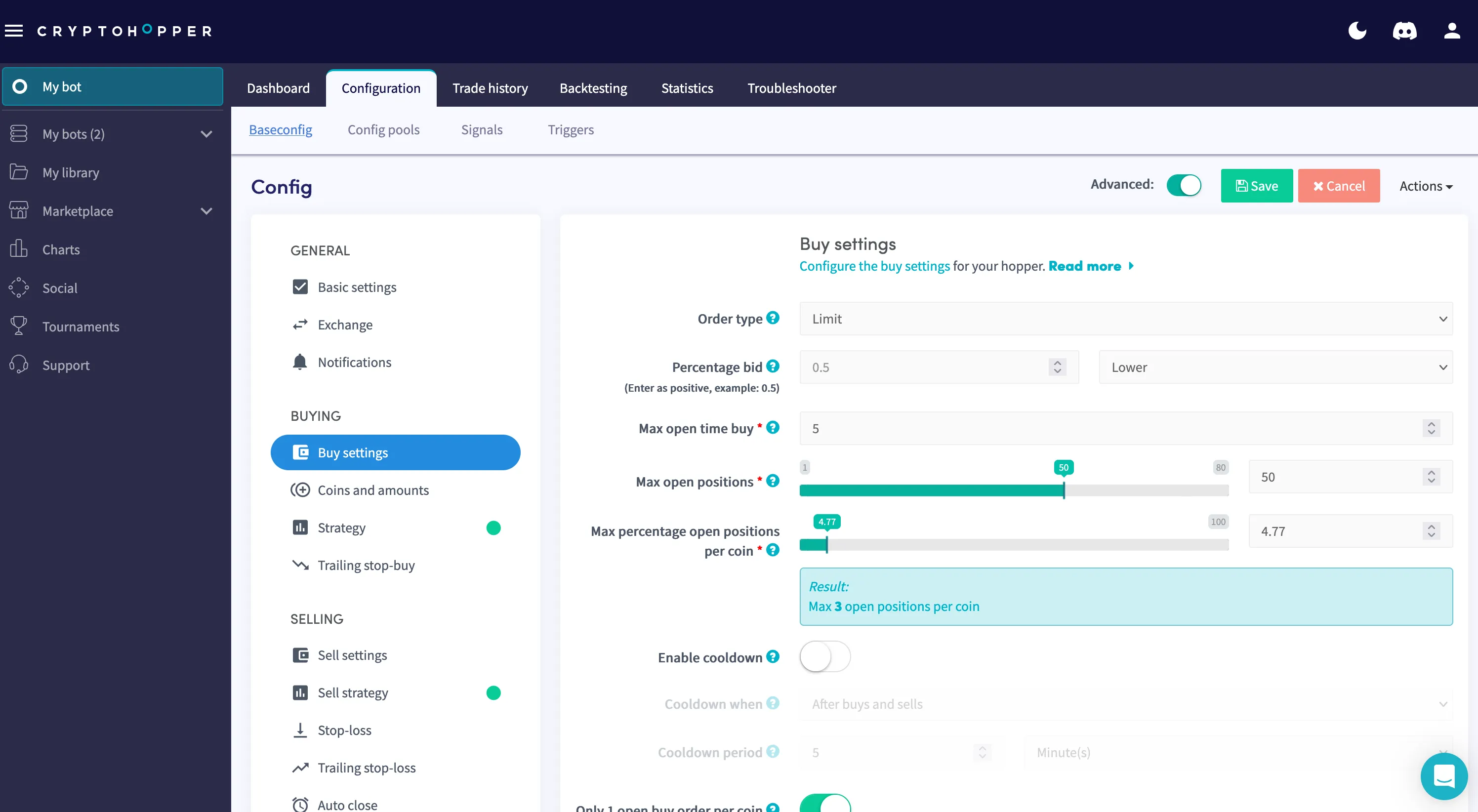 CryptoHopper's website with bot configuration interface.