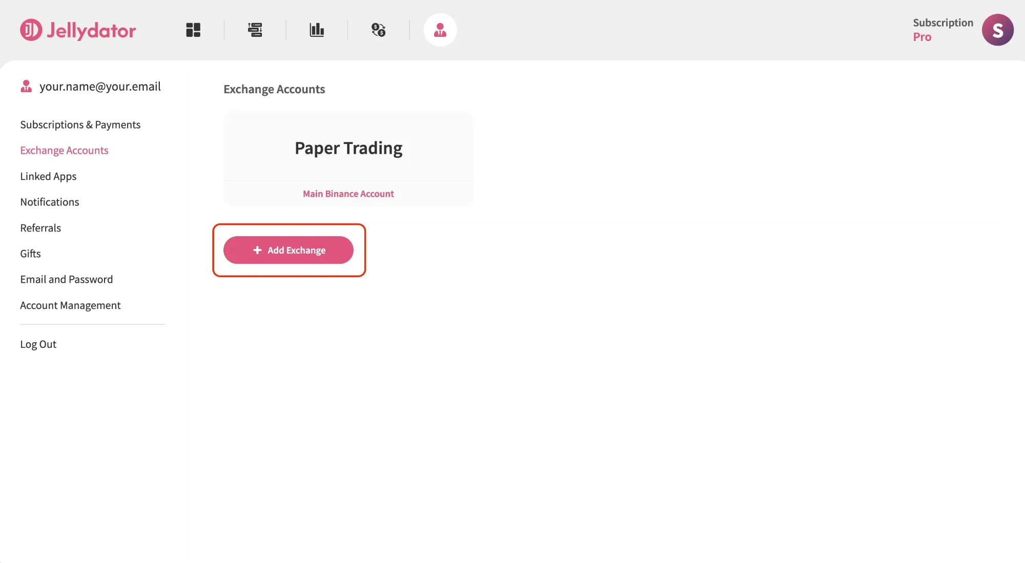 An image of the Jellydator platform with the exchange account creation button highlighted.