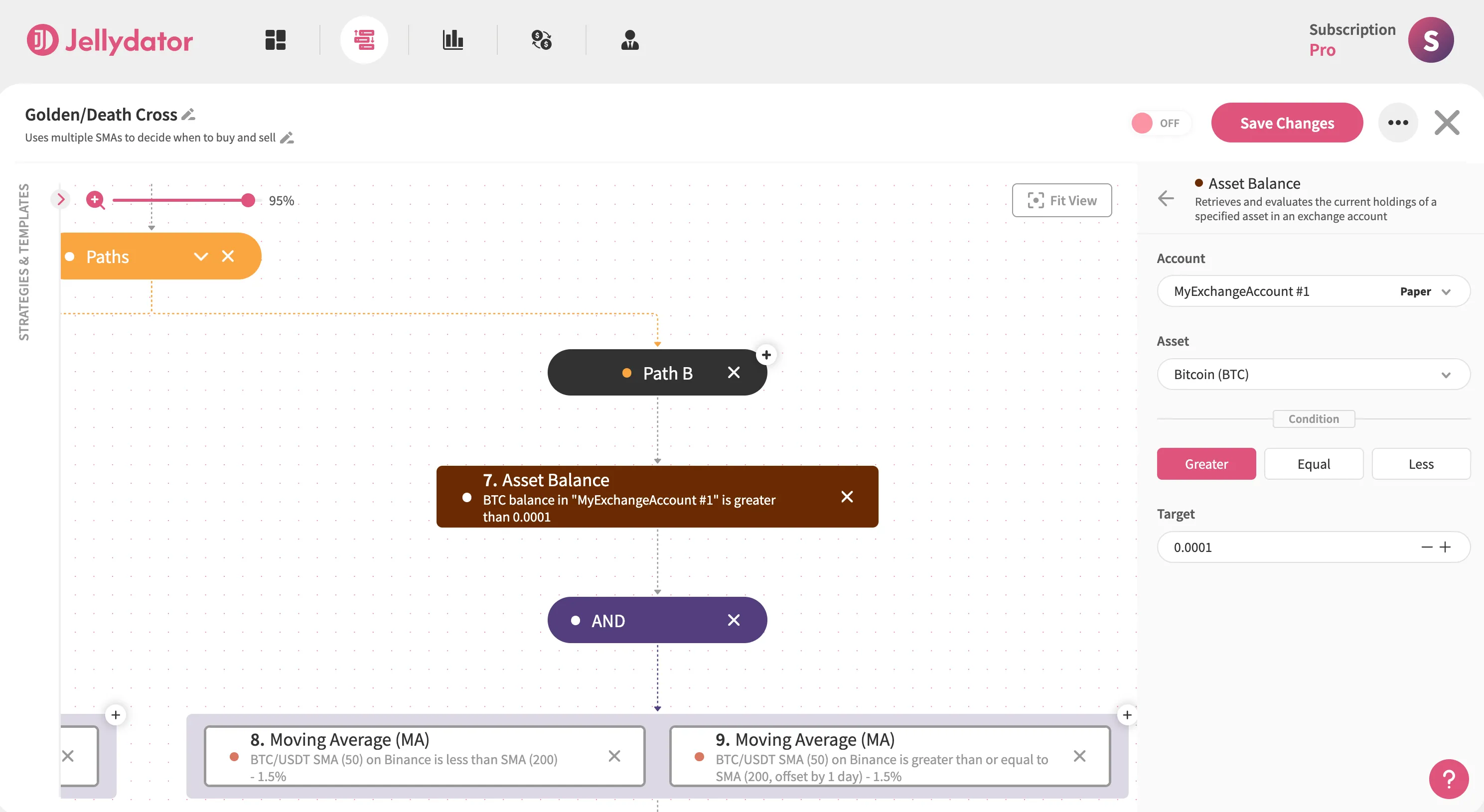The Jellydator platform with an asset balance step in Path B.