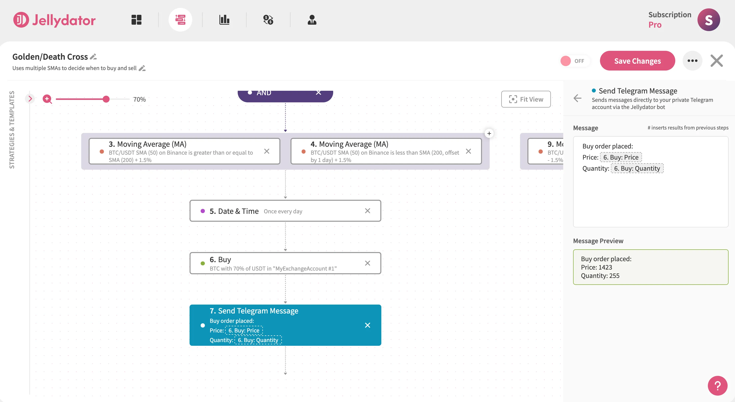 The Jellydator platform with a 'send telegram message' step in Path A.
