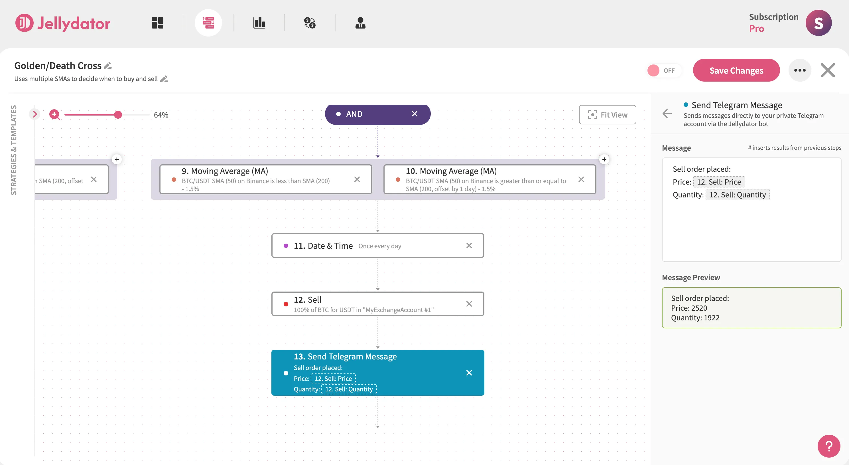 The Jellydator platform with a 'send telegram message' step in Path B.