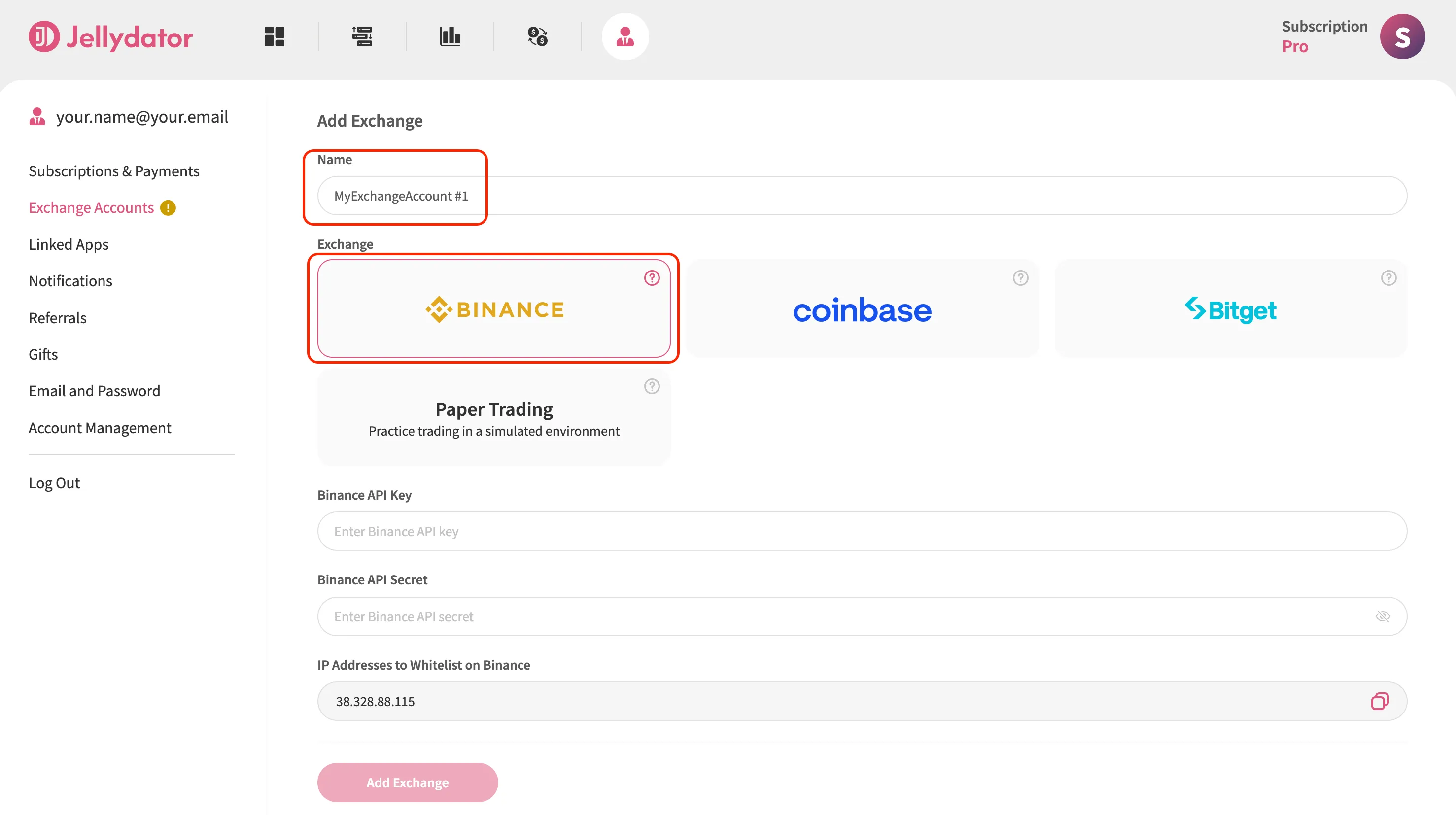 An image of the Jellydator exchange creation page with the Binance exchange type highlighted.