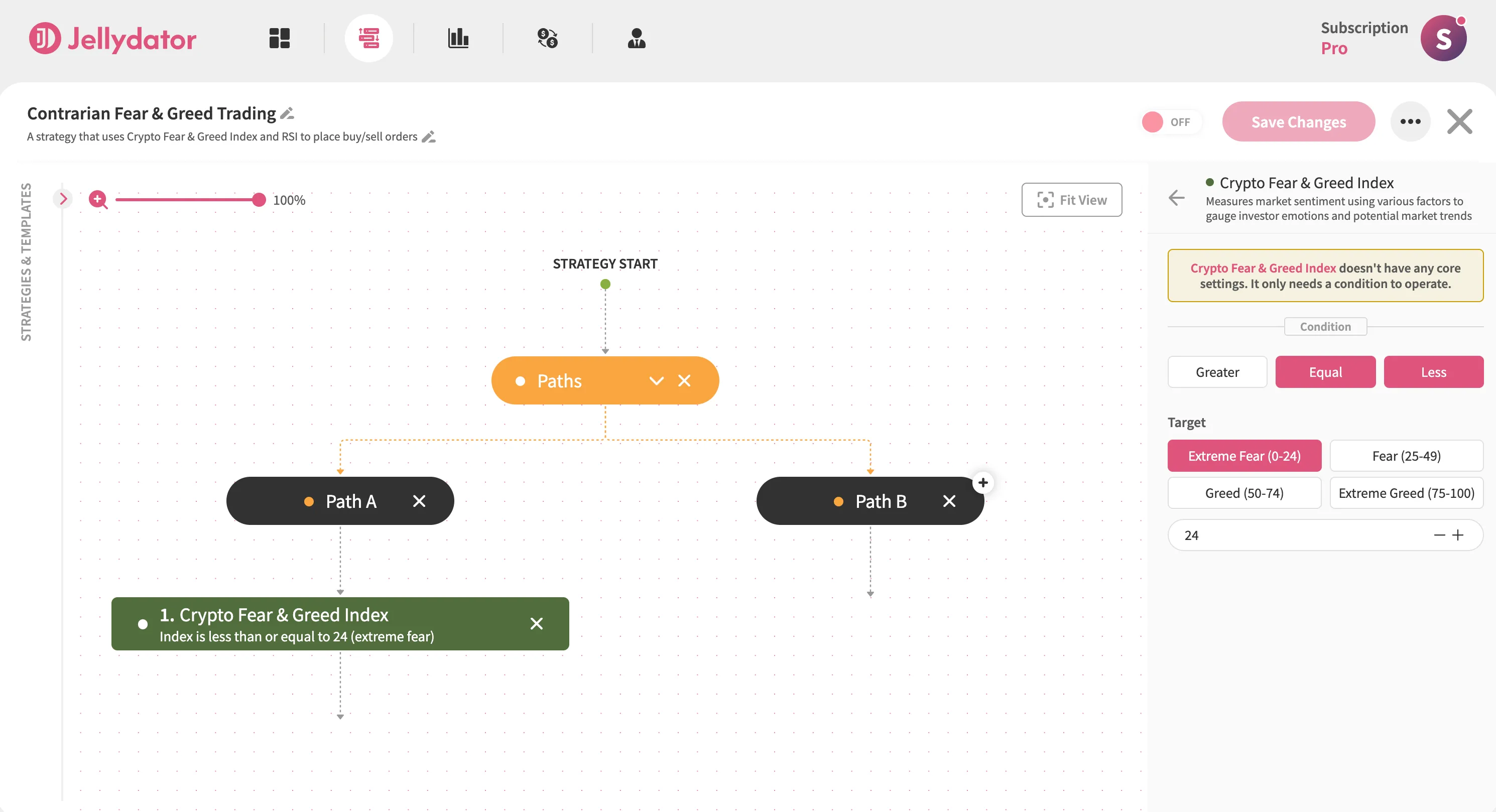 The Jellydator editor with a Crypto Fear & Greed step in Path A.