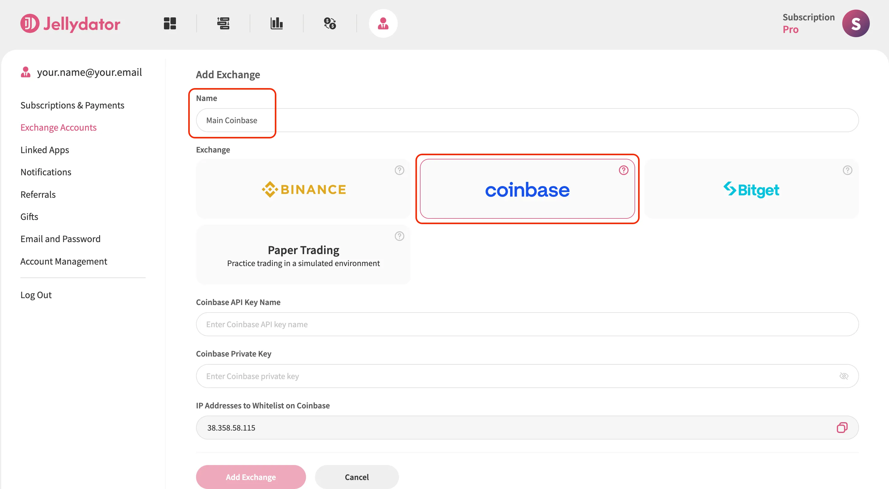 An image of the Jellydator platform with the exchange name and type highlighted.