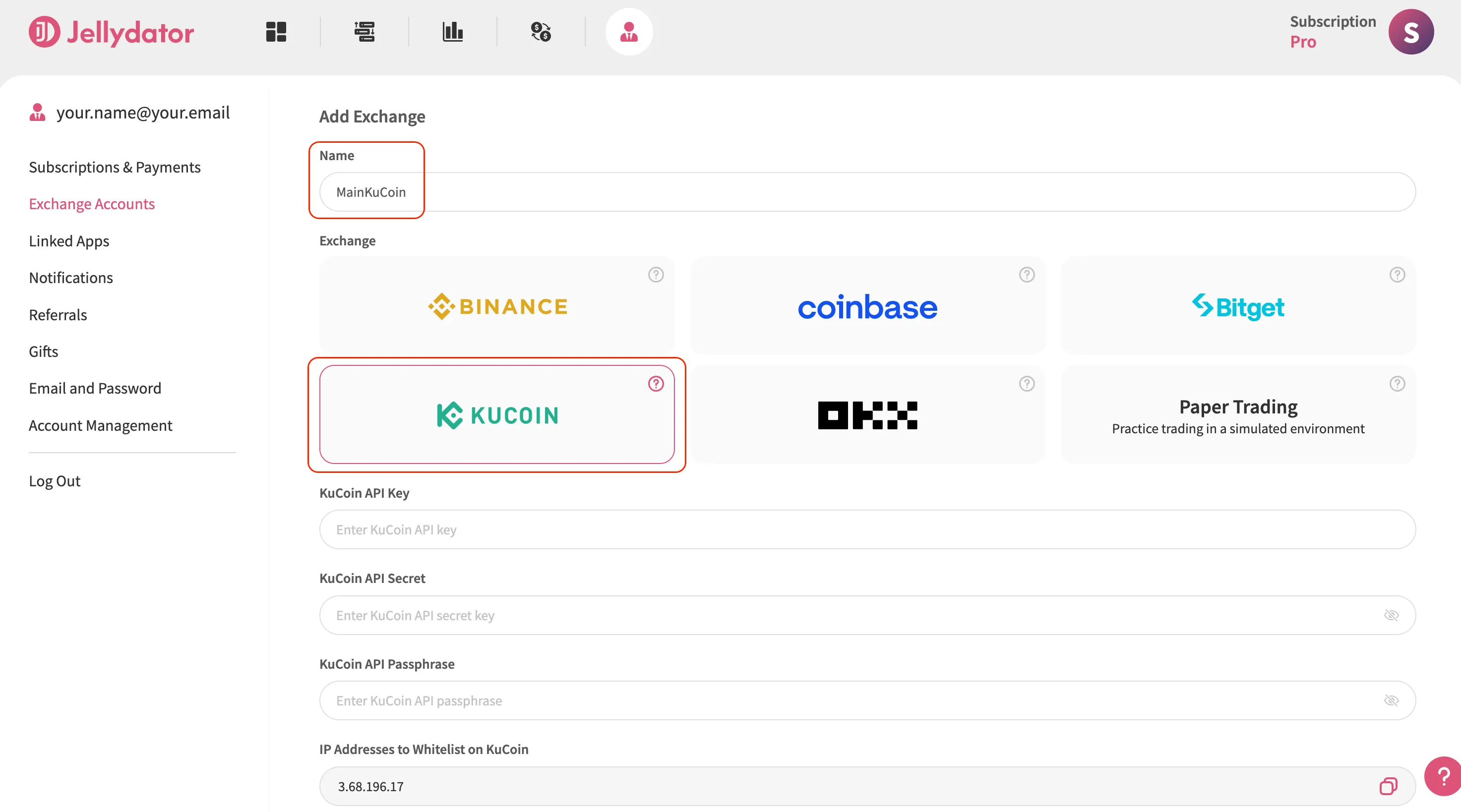 The Jellydator platform with the KuCoin configuration options highlighted.