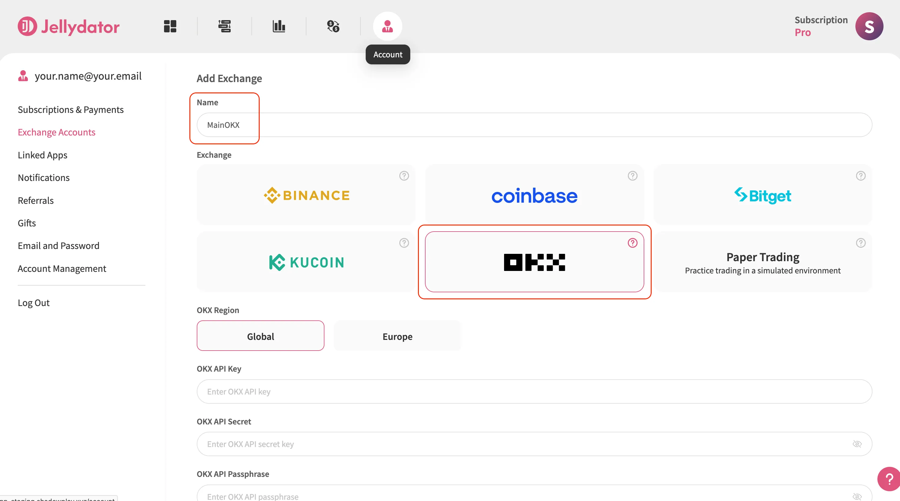The Jellydator platform with the OKX configuration options highlighted.