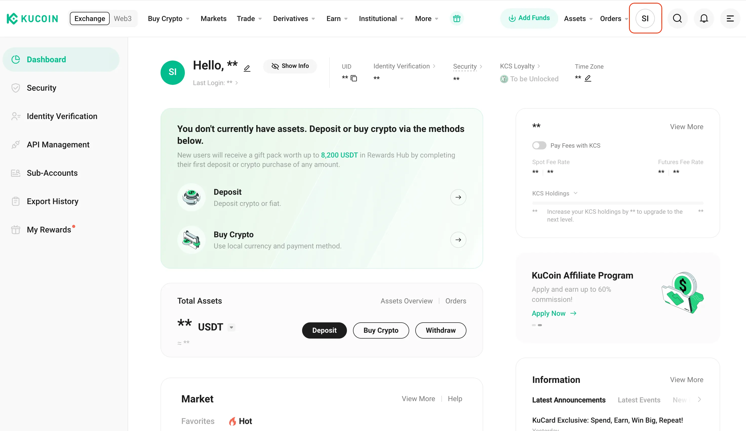 The KuCoin platform with the profile button highlighted.