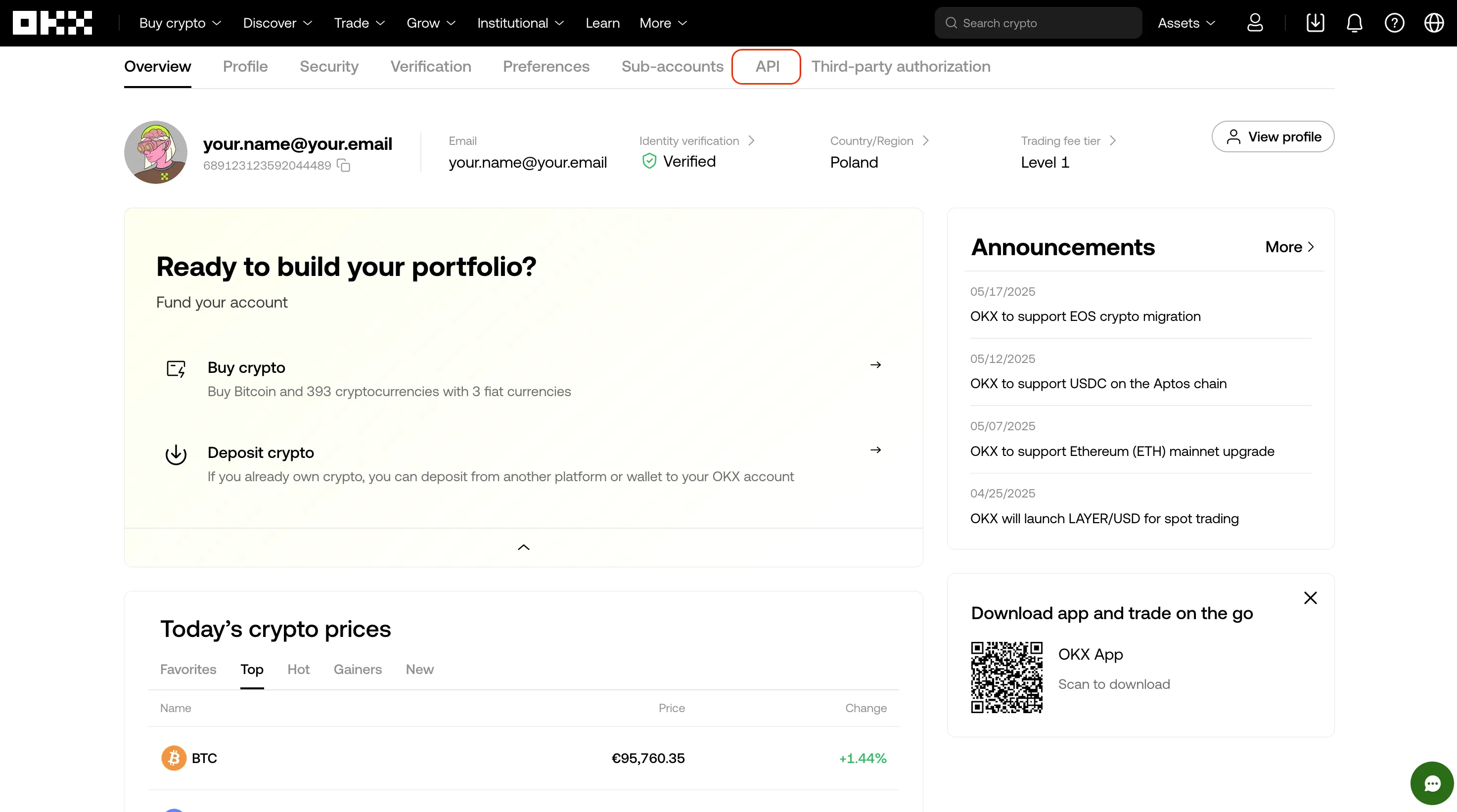 The OKX platform with the API button highlighted.