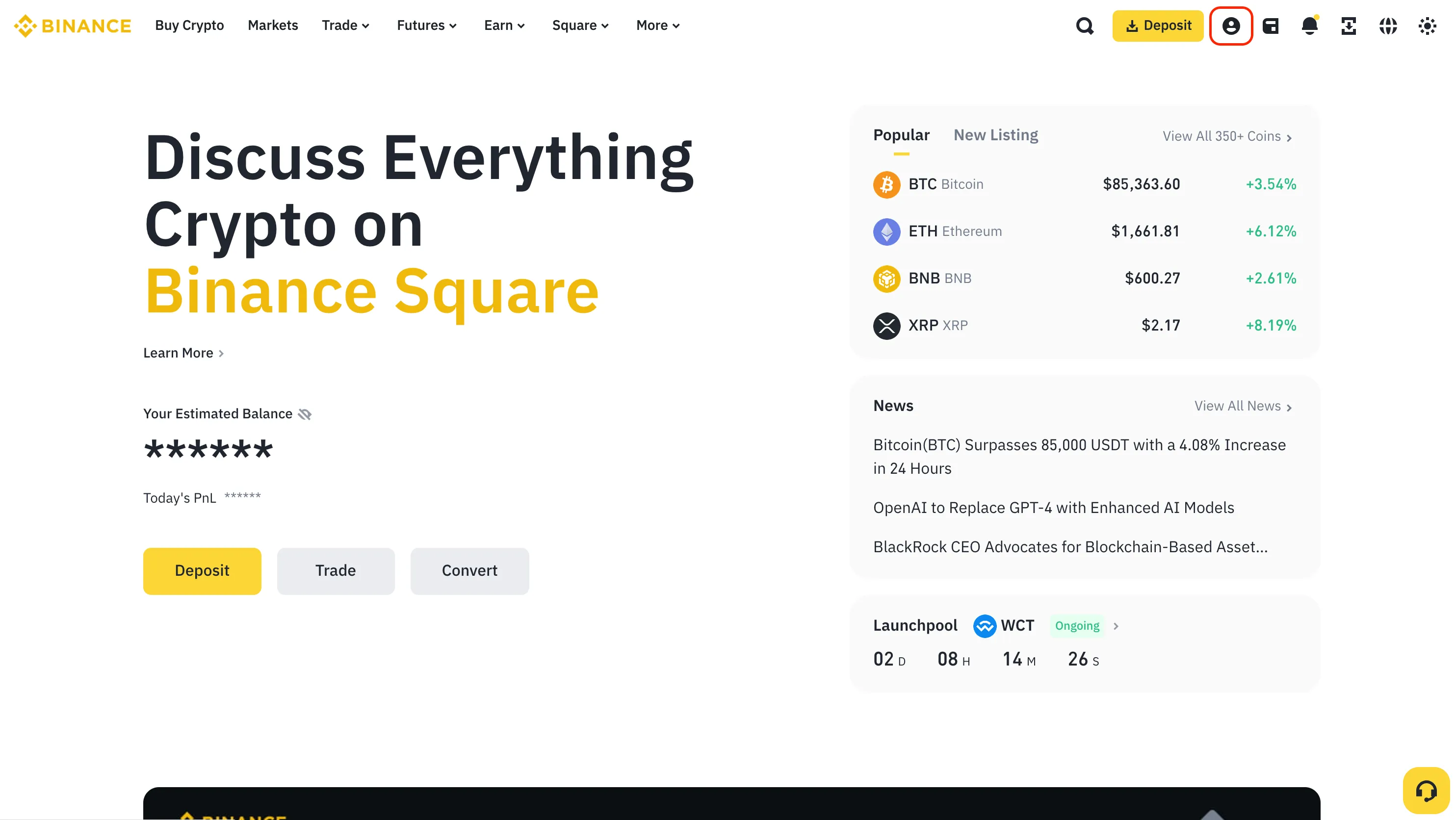 An image of the Binance website with the profile icon highlighted.