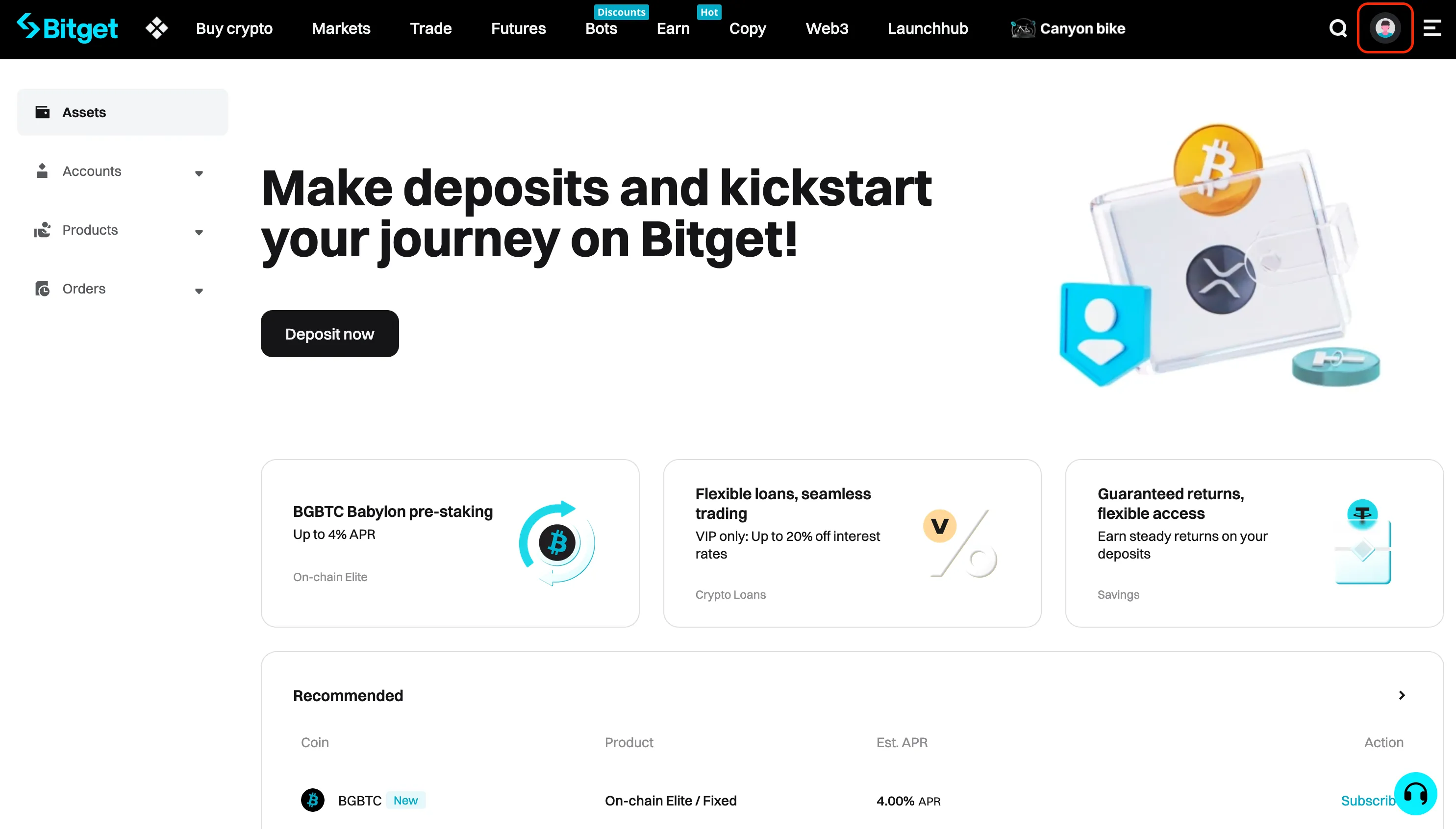 An image of the Bitget website with the profile icon highlighted.