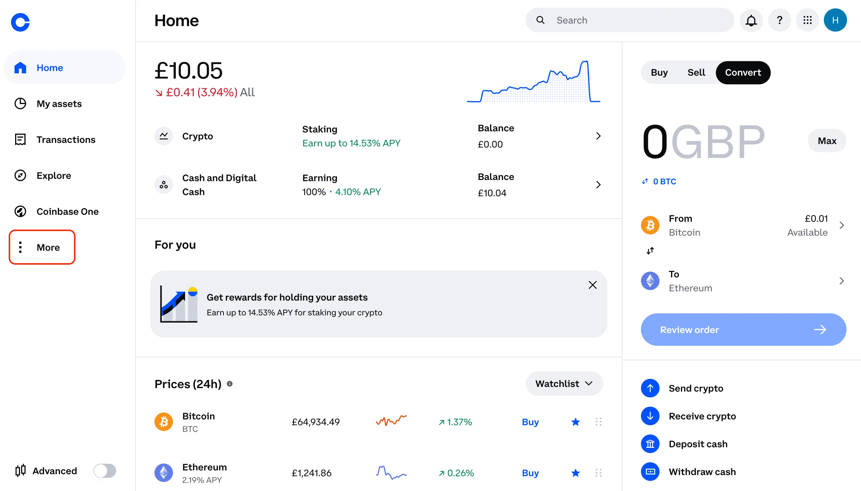 An image of the Coinbase website with the 'more' button highlighted.