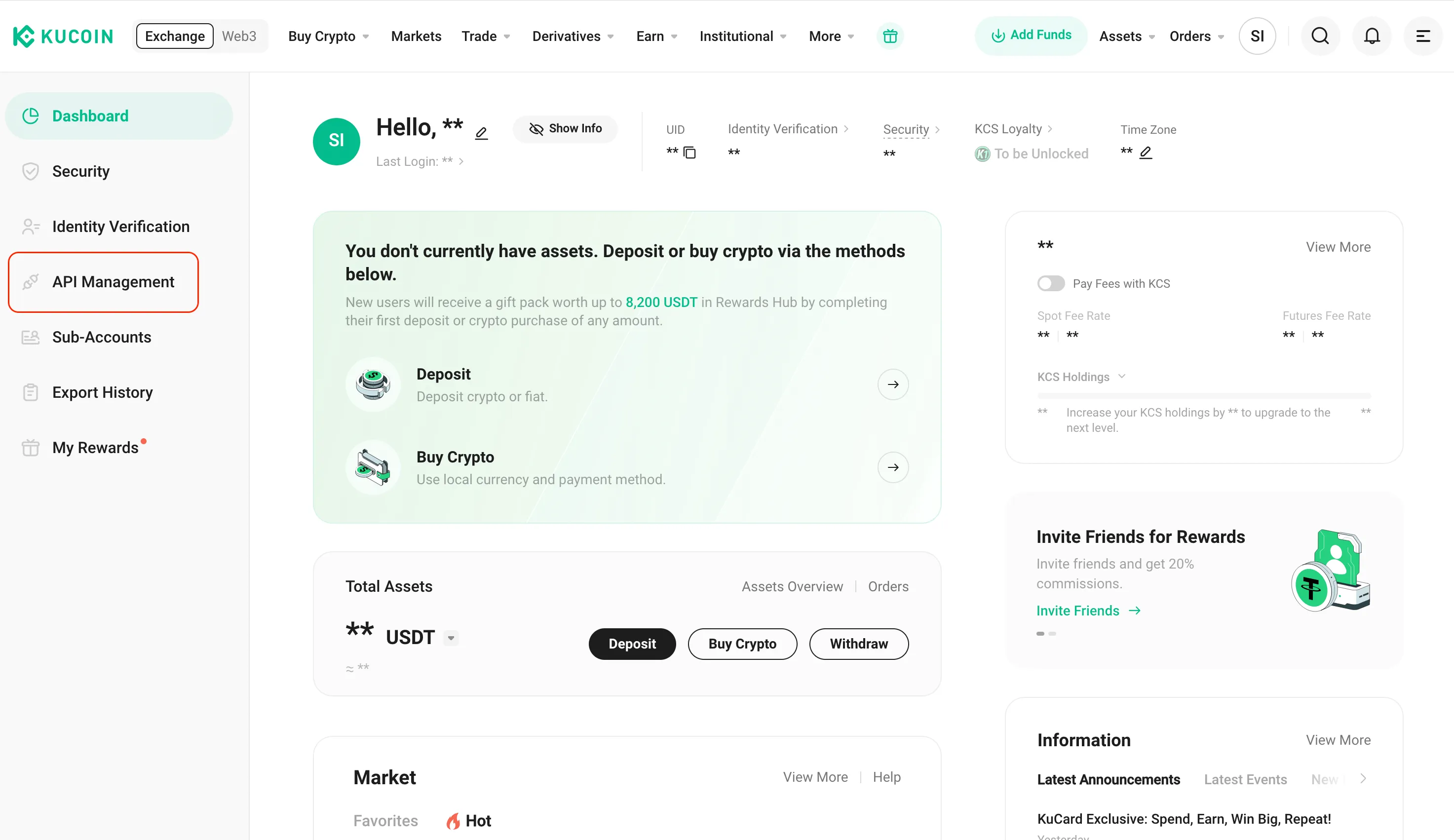 The KuCoin platform with the API management button highlighted.