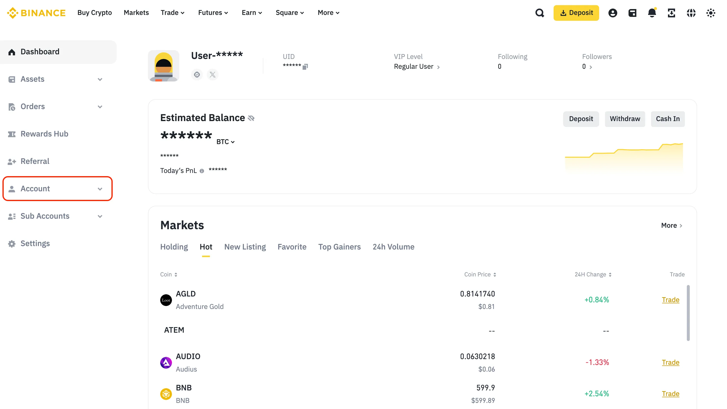 An image of the Binance website with the account page button highlighted.