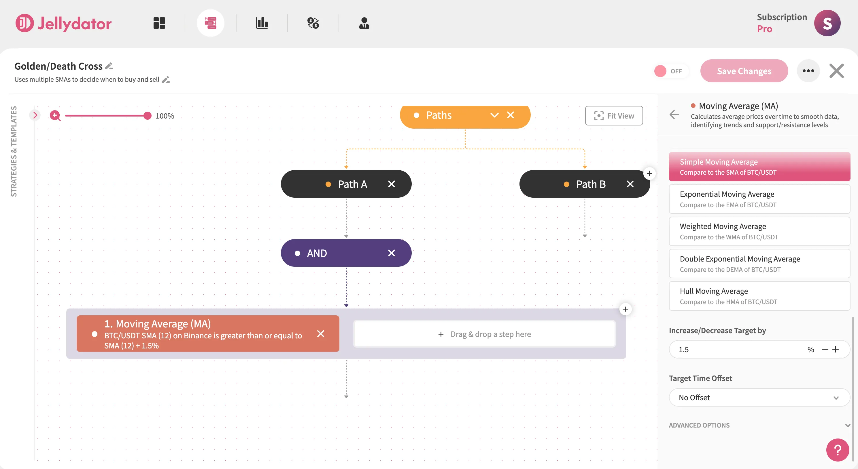 The Jellydator platform with the 'increase target by' input of a Moving Average step in Path A.