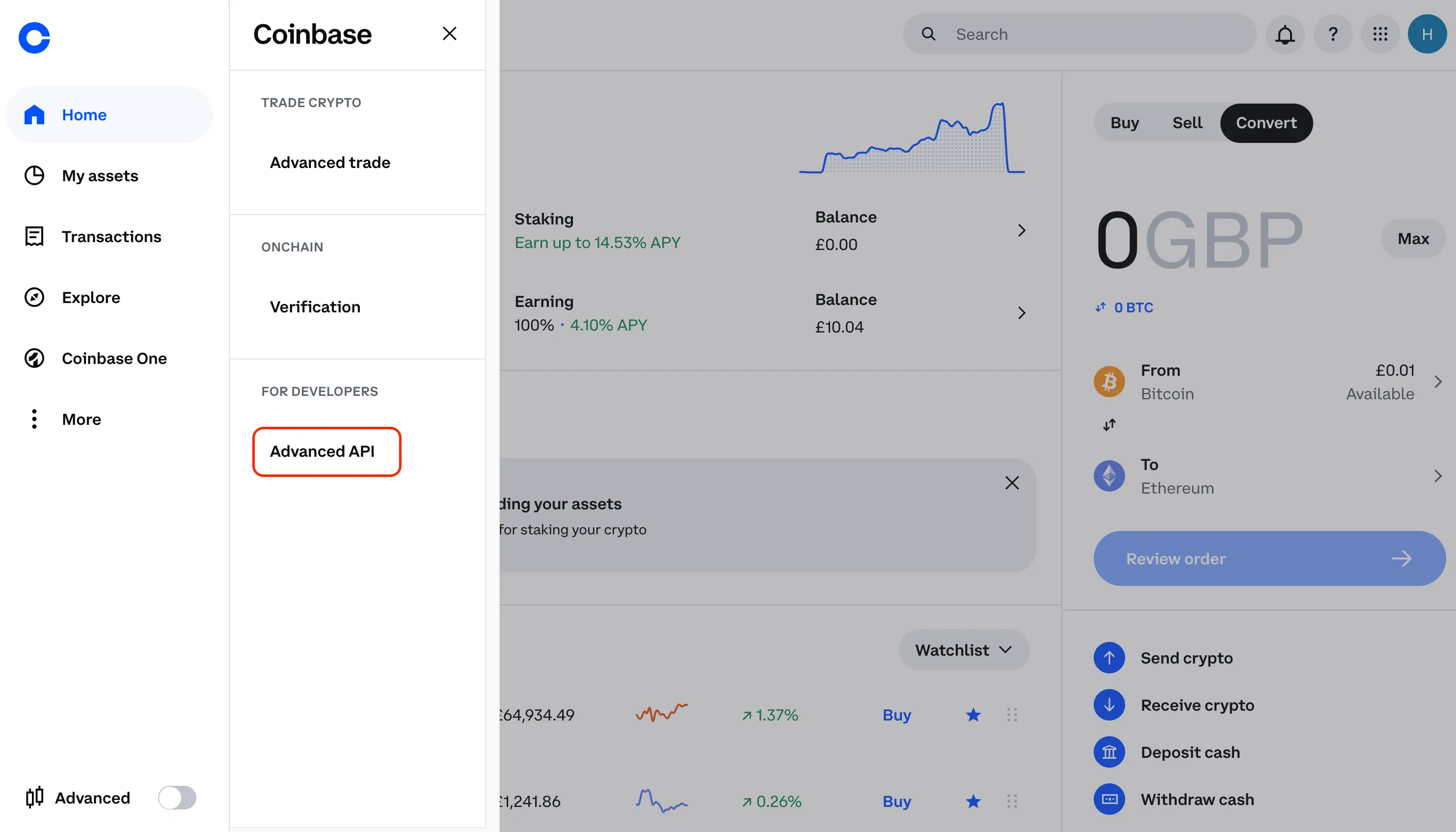 An image of the Coinbase website with the 'advanced API' button highlighted.