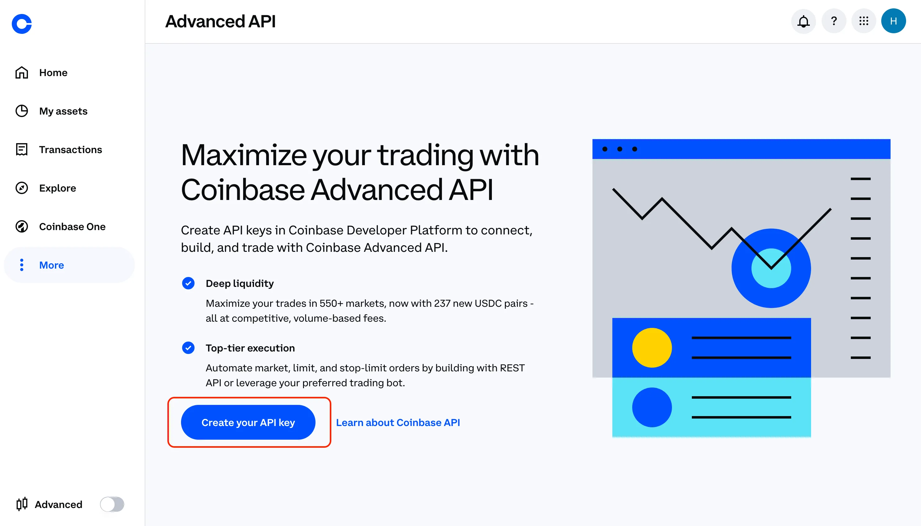 An image of the Coinbase website with the 'create your API key' button highlighted.