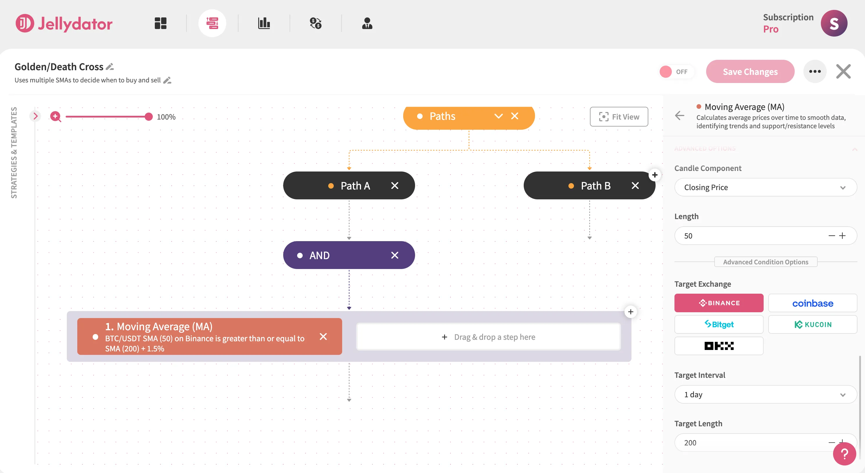 The Jellydator platform with the advanced option section of a Moving Average step in Path A.