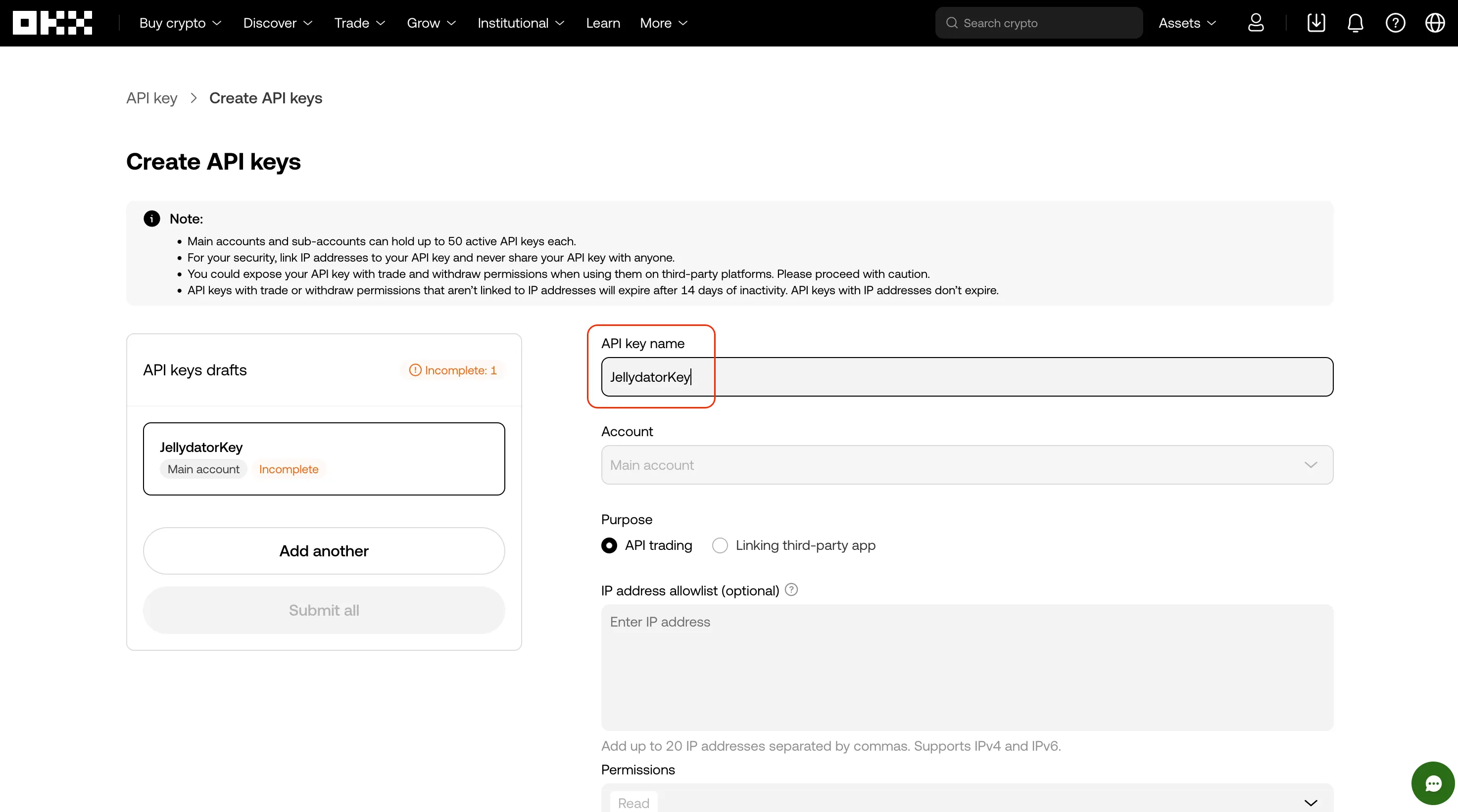 The OKX platform with the API key name highlighted.