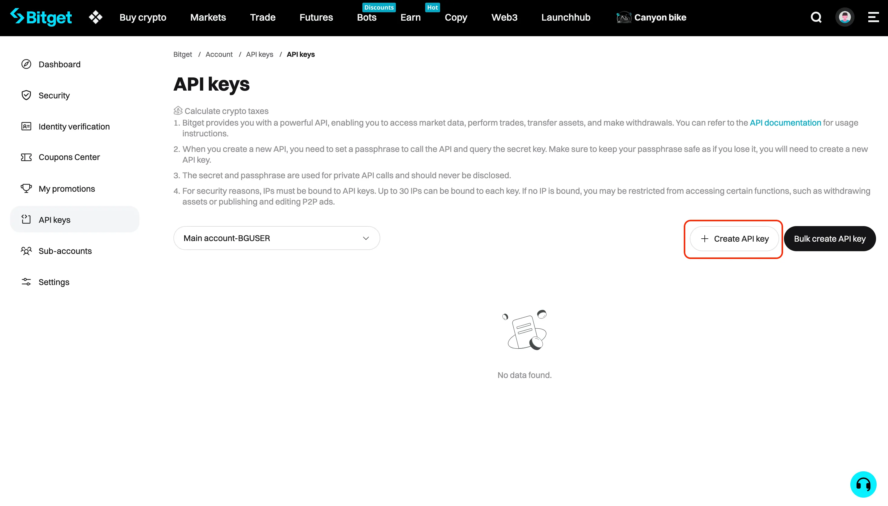 An image of the Bitget website with the 'create API key' button highlighted.