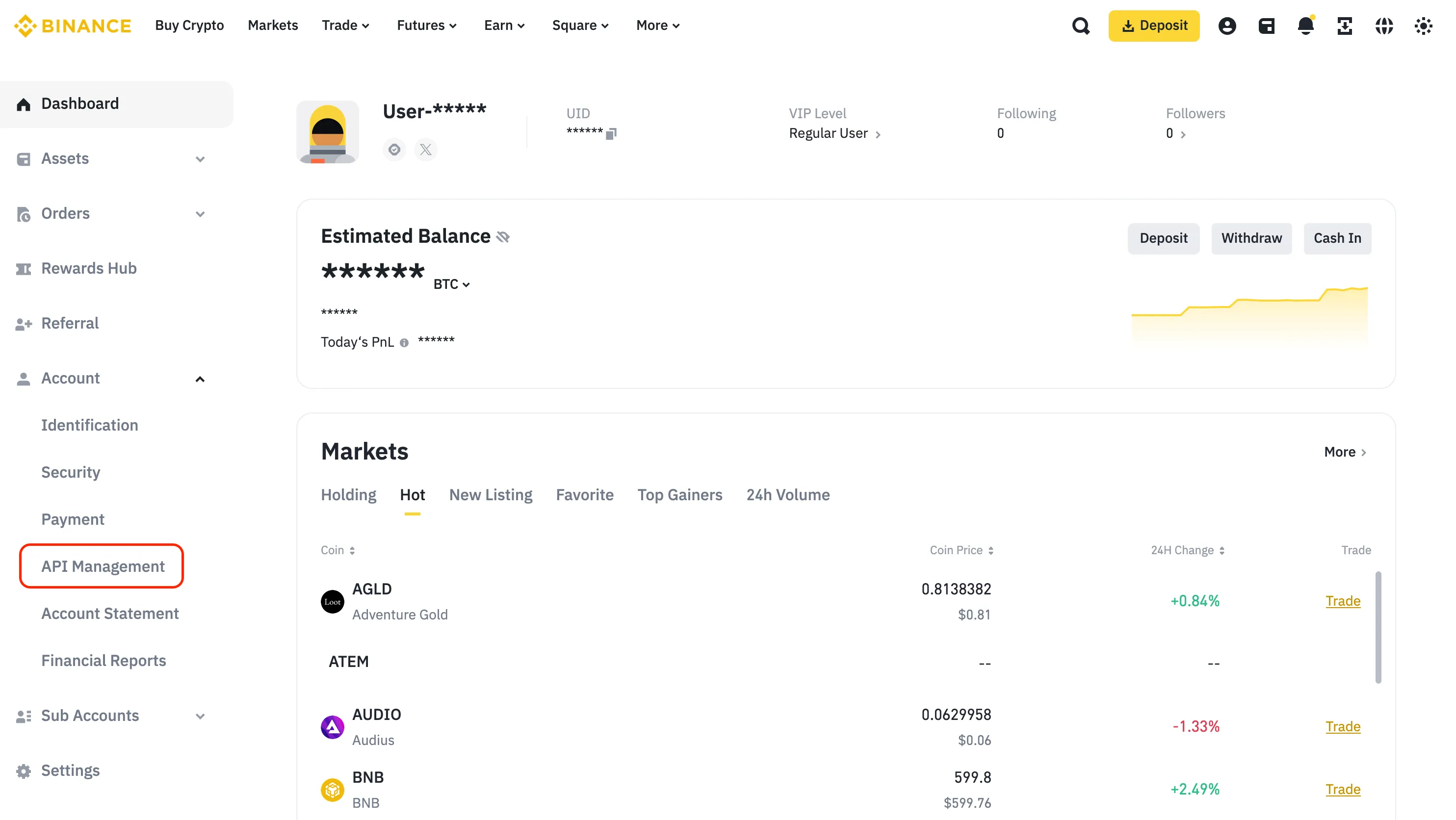 An image of the Binance website with the API management page button highlighted.