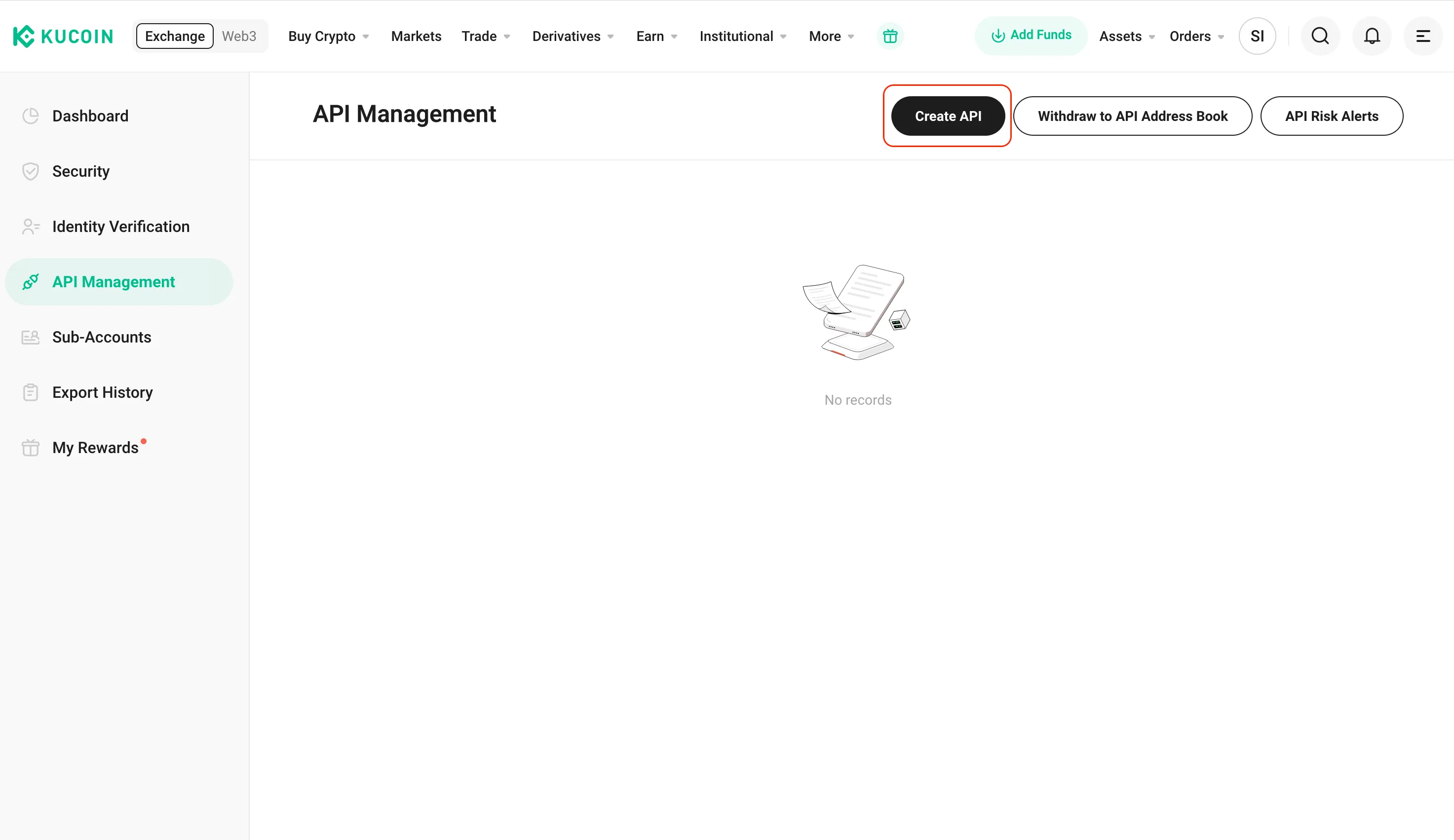 The KuCoin platform with the 'create API' button highlighted.