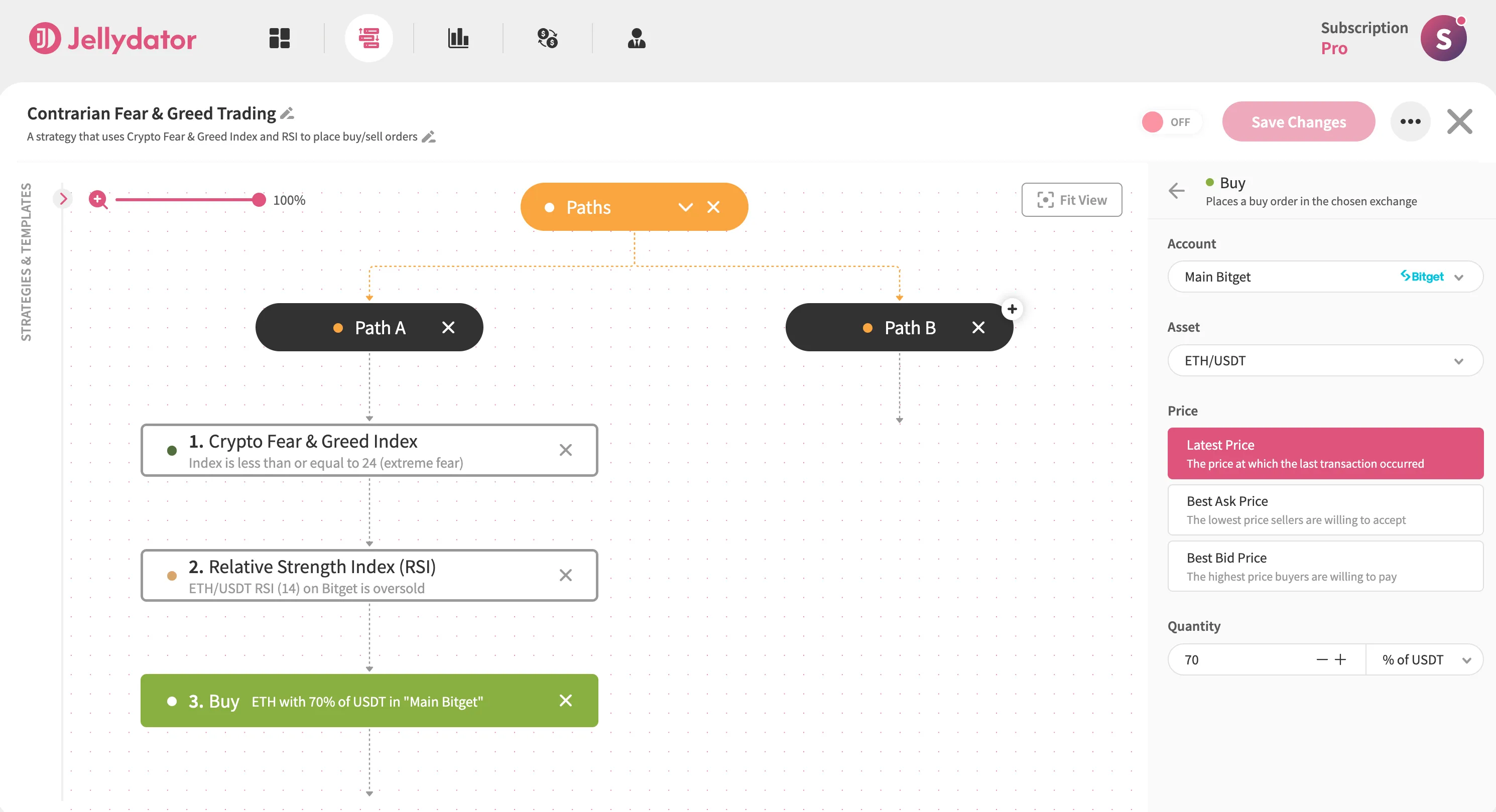 The Jellydator editor with a Buy step in Path A.