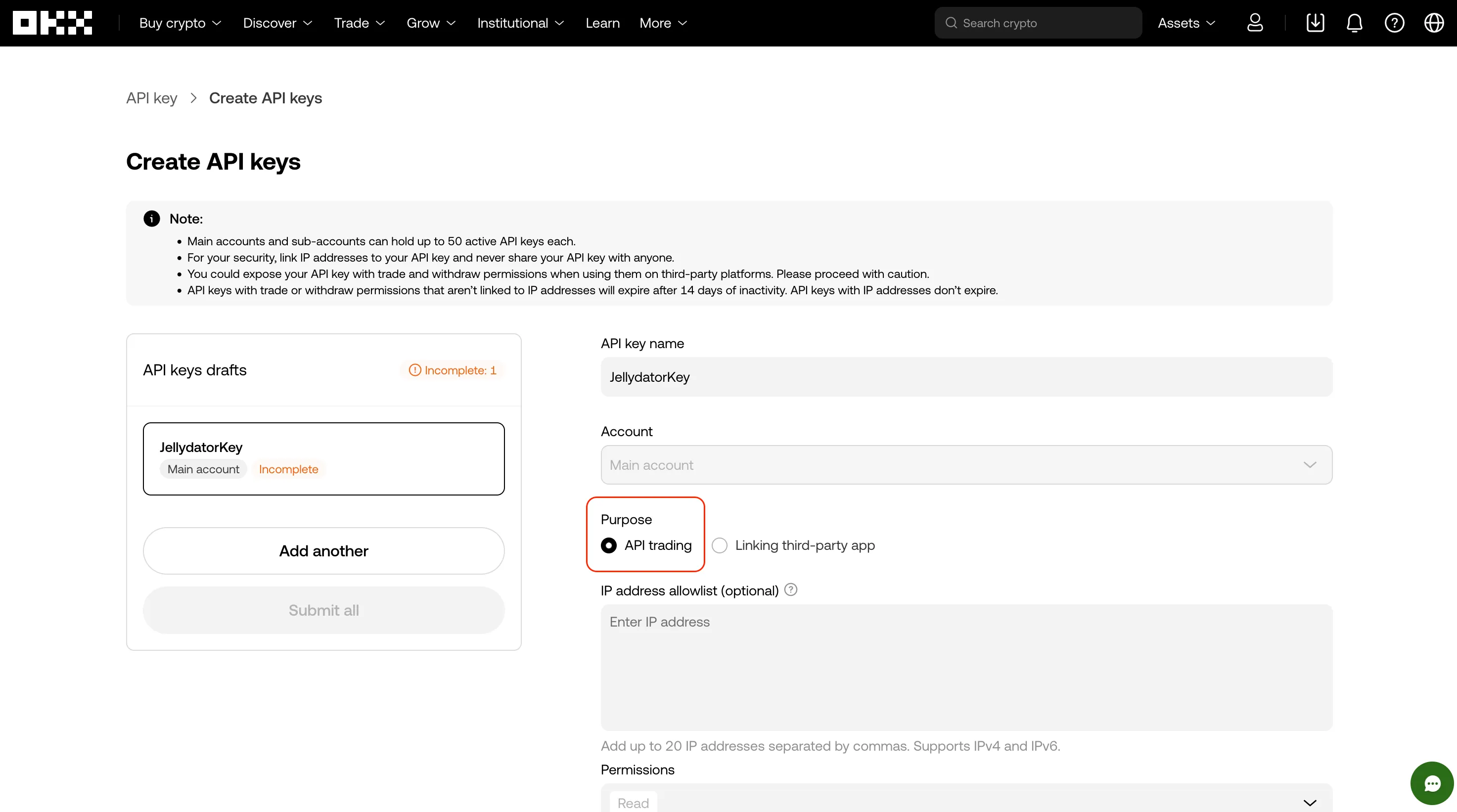 The OKX platform with the purpose options highlighted.