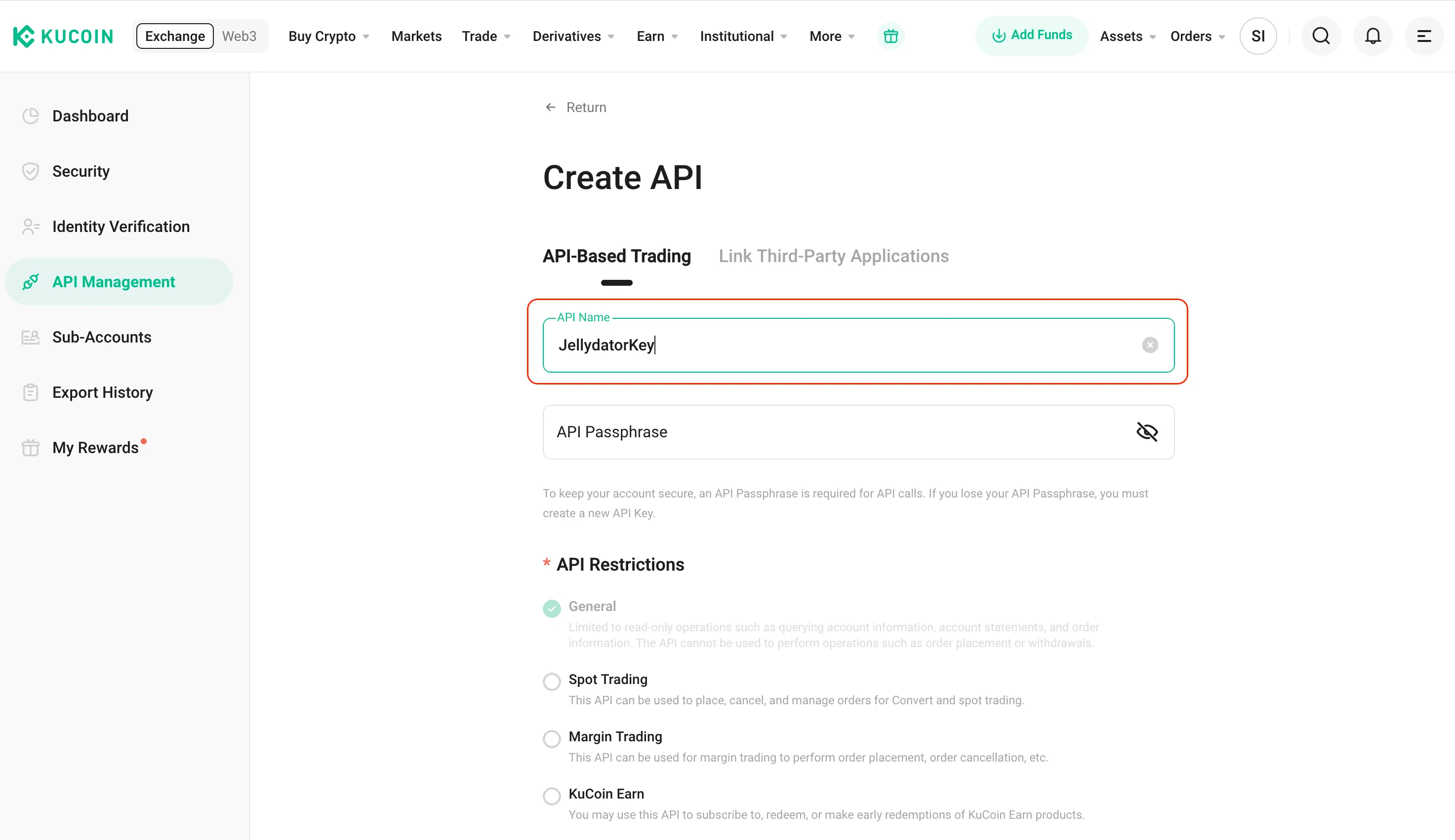 The KuCoin platform with the API name highlighted.