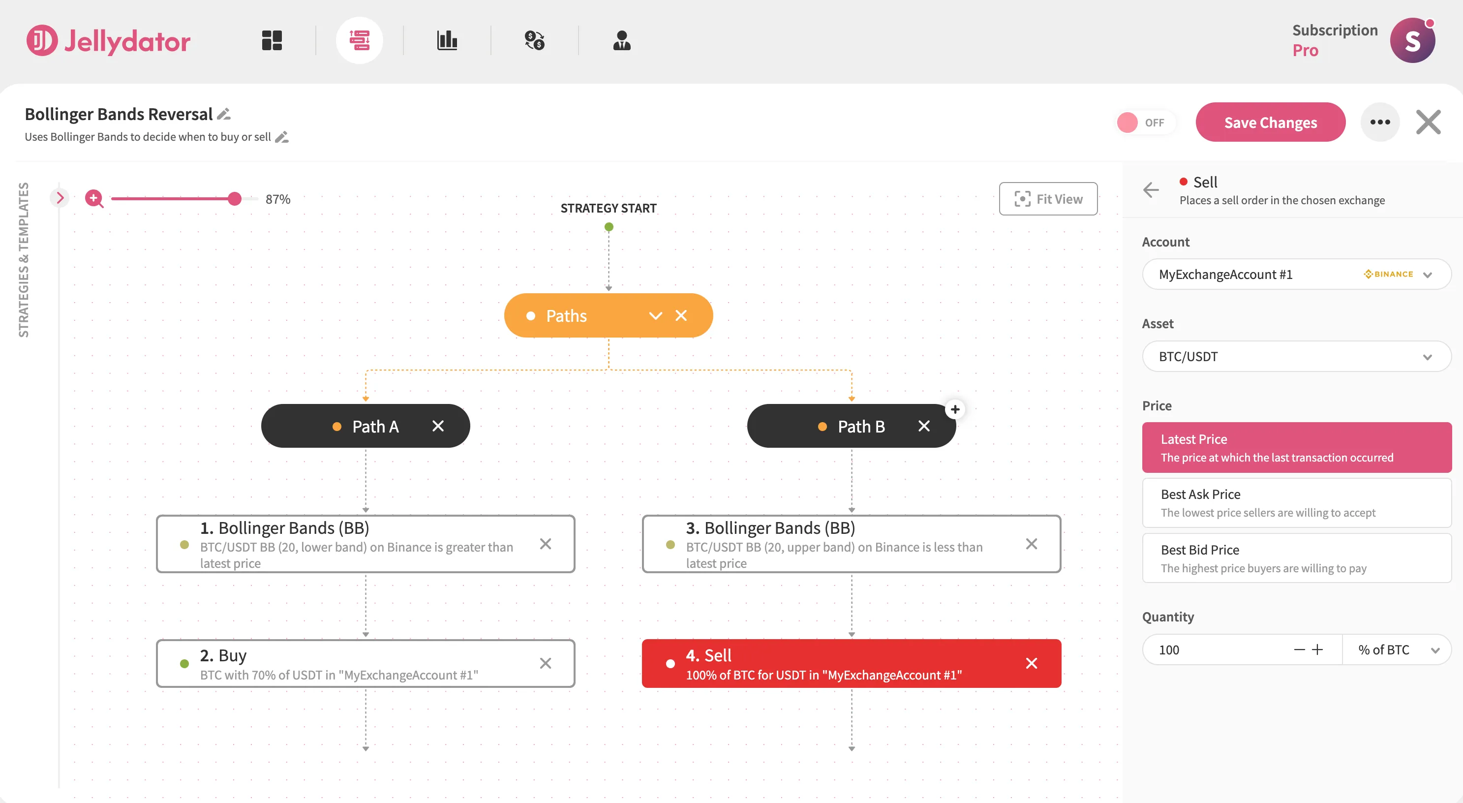 An image of the Jellydator editor with a Sell step in Path B.