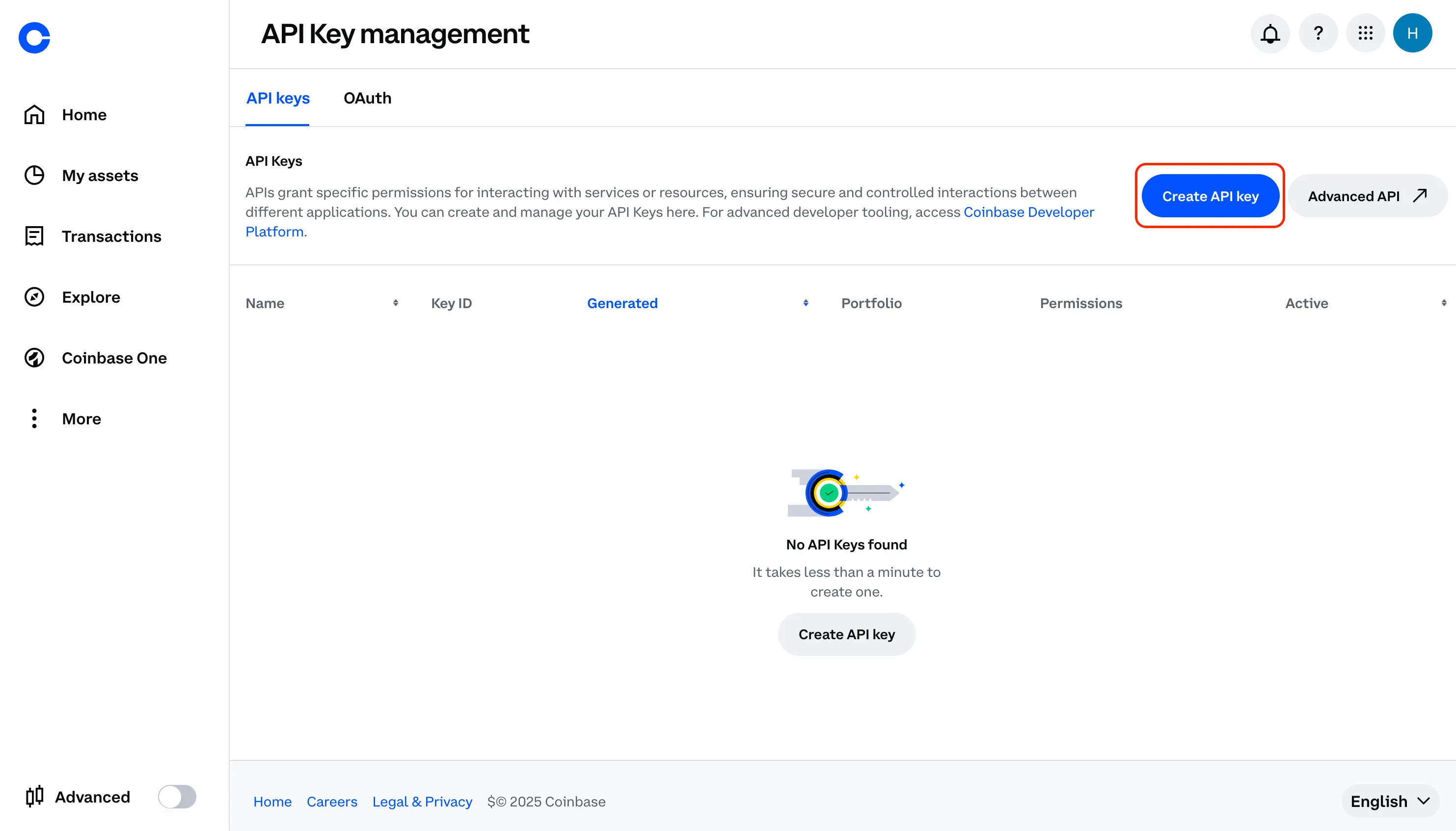 An image of the Coinbase website with the 'create API key' button highlighted.