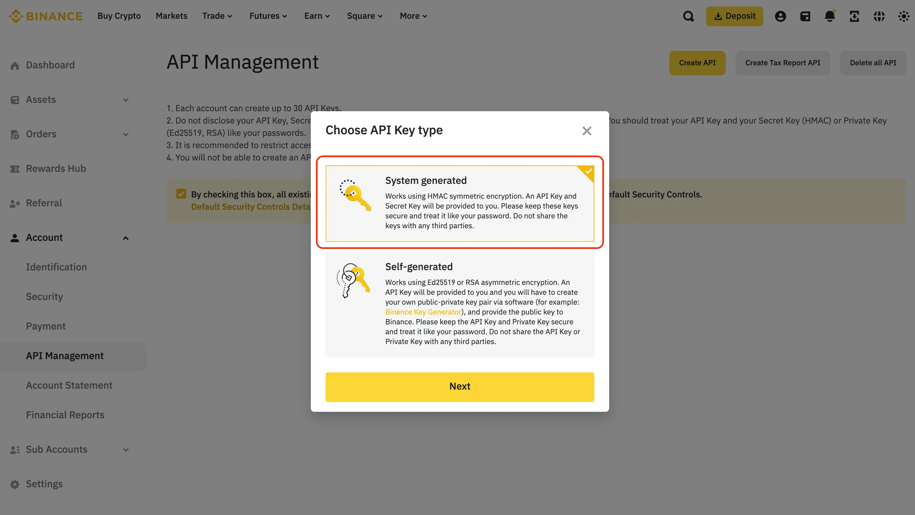 An image of the Binance website with the API key type selection popup.