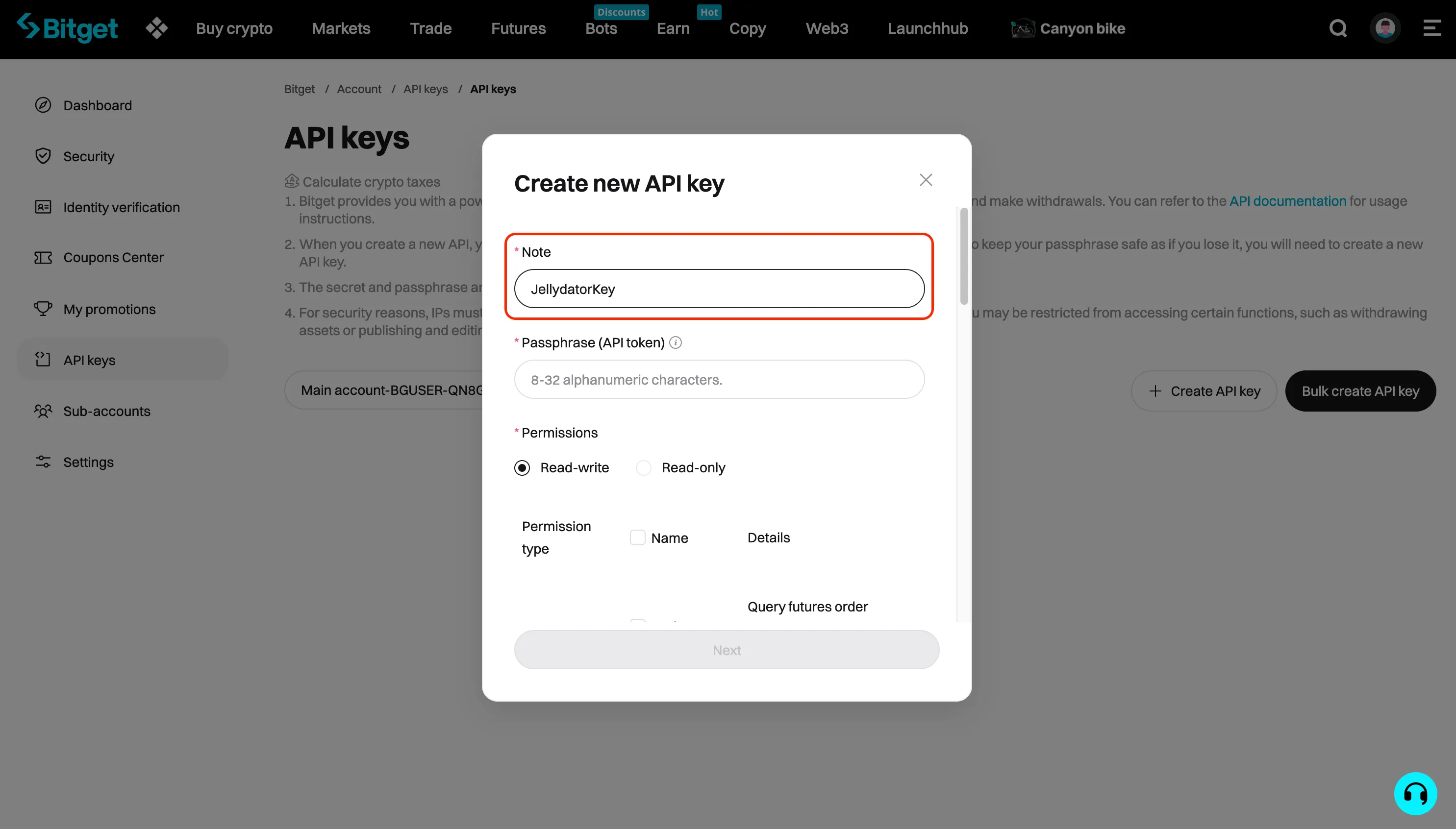 An image of the Bitget website with the note input field highlighted.
