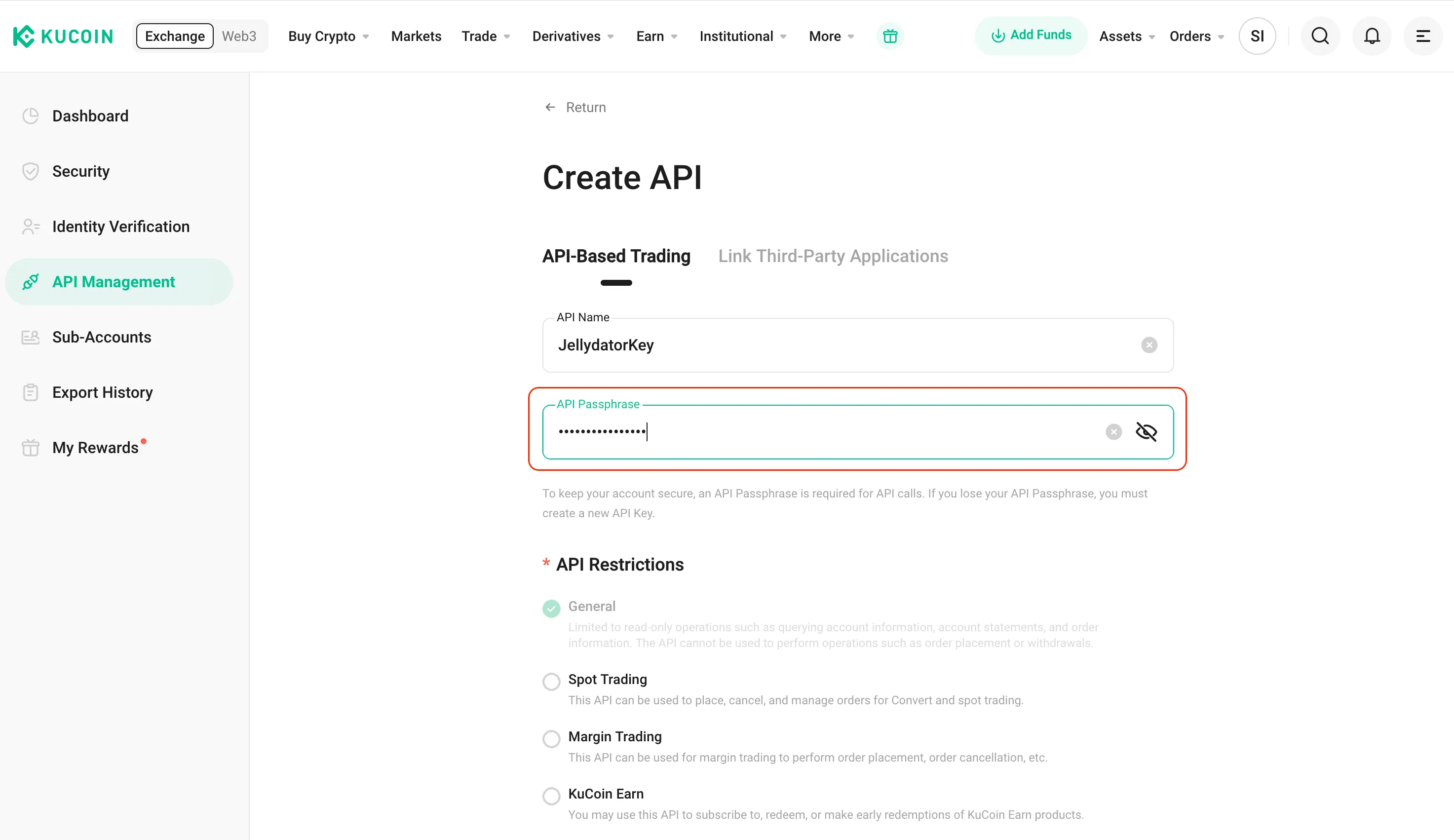 The KuCoin platform with the API passphrase highlighted.