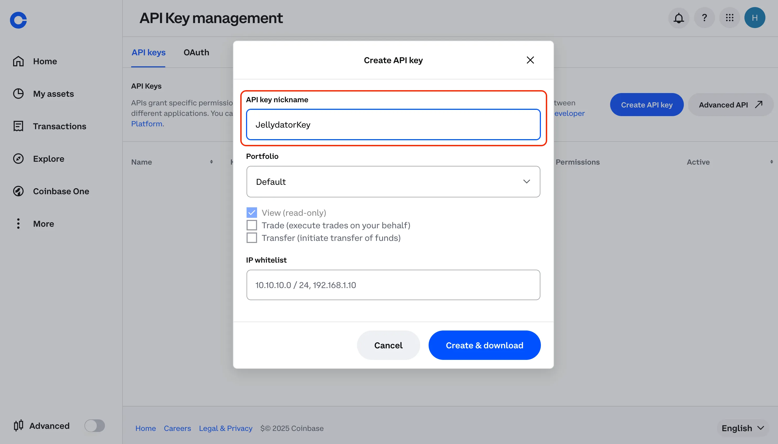 An image of the Coinbase website with the nickname input field highlighted.