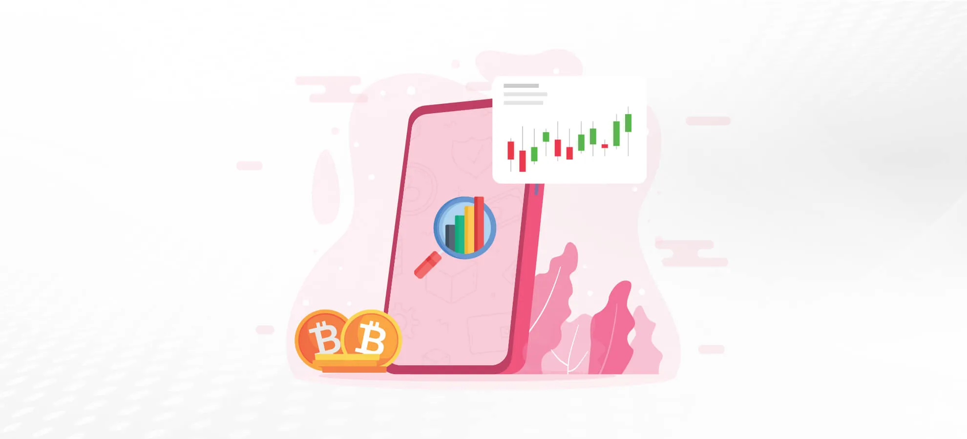 An illustration of a smartphone displaying a bar chart and candlestick graph, with Bitcoin coins in the foreground, symbolizing cryptocurrency trading and analytics.