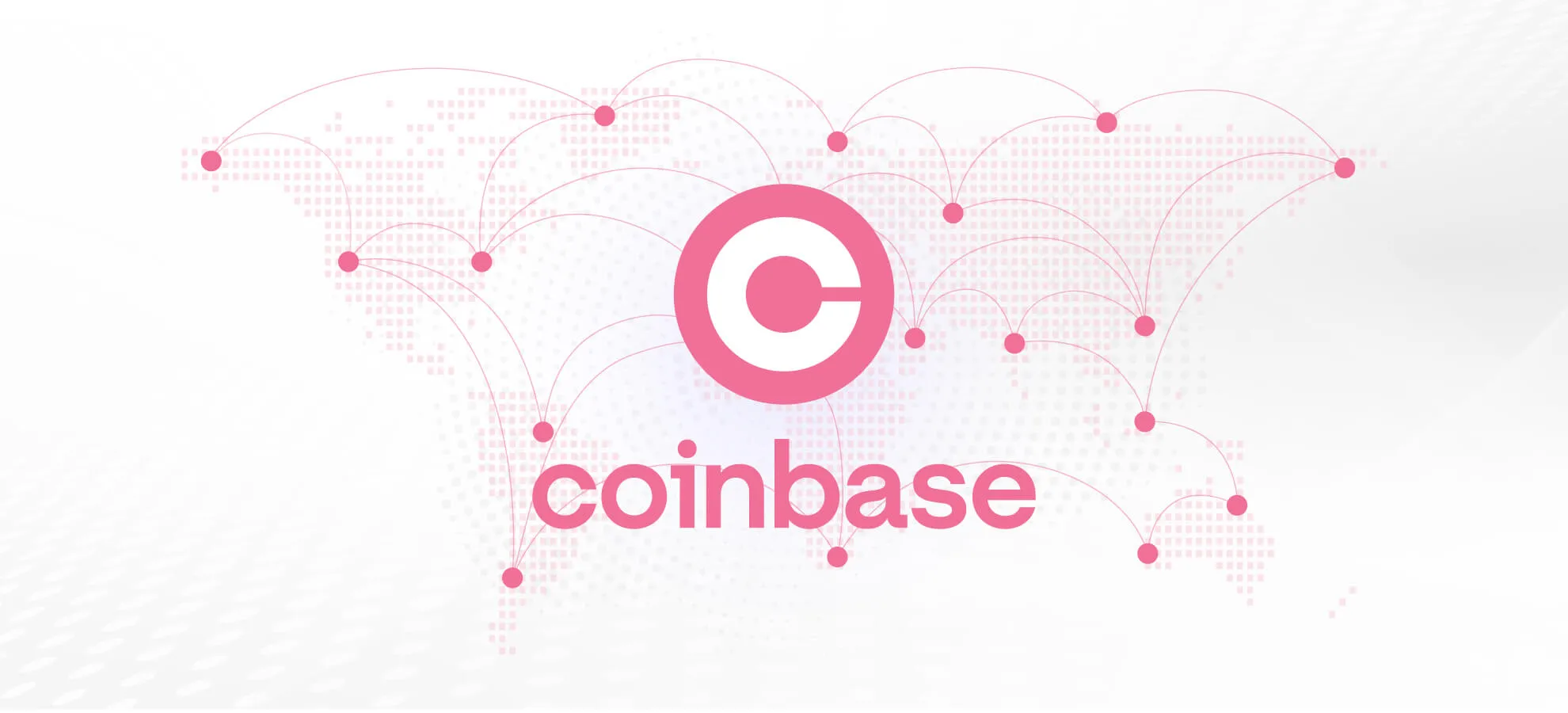An image with the Coinbase logo in pink and a stylized world in the background.