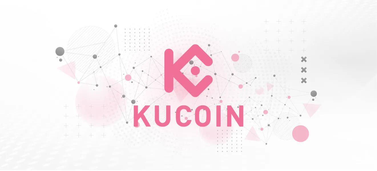 Pink KuCoin logo and text on a white background with abstract geometric shapes and connecting lines.