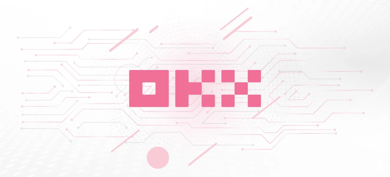 Pink OKX logo with digital circuit lines on a white background.