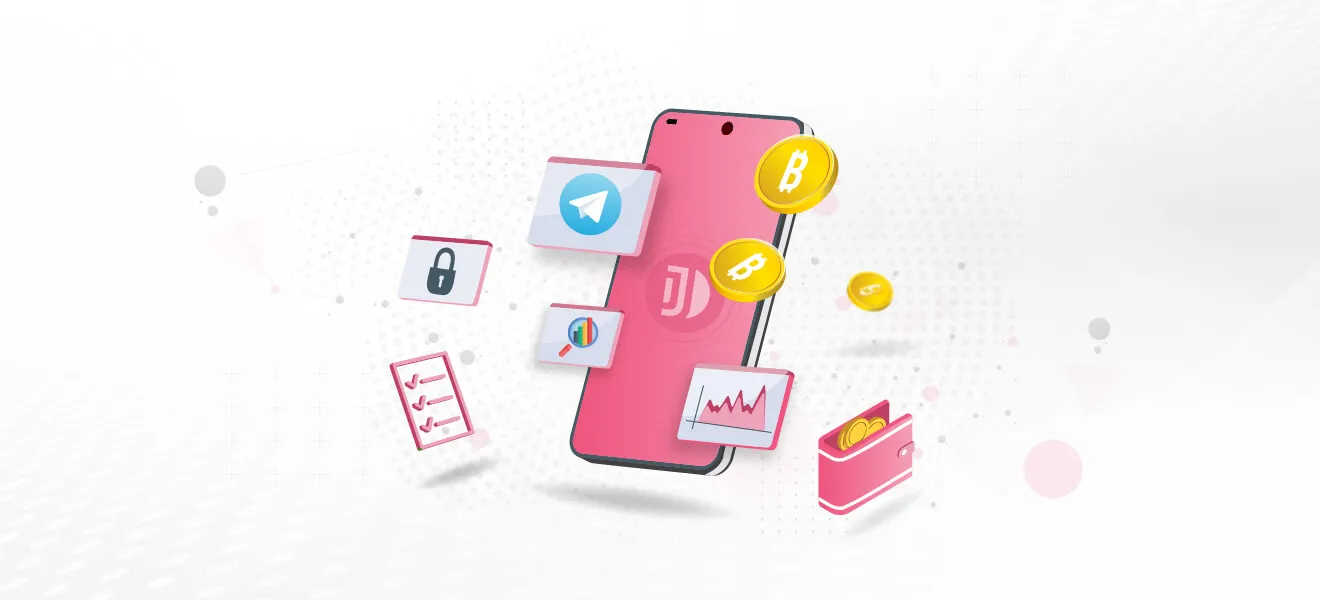 Smartphone with floating icons representing Bitcoin, Telegram, security, analytics, checklist, and a wallet.