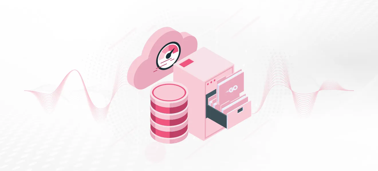 Illustration of a cloud with a speedometer, a database cylinder, and a filing cabinet containing folders labeled "GO," representing high-speed database operations and caching in Go programming.